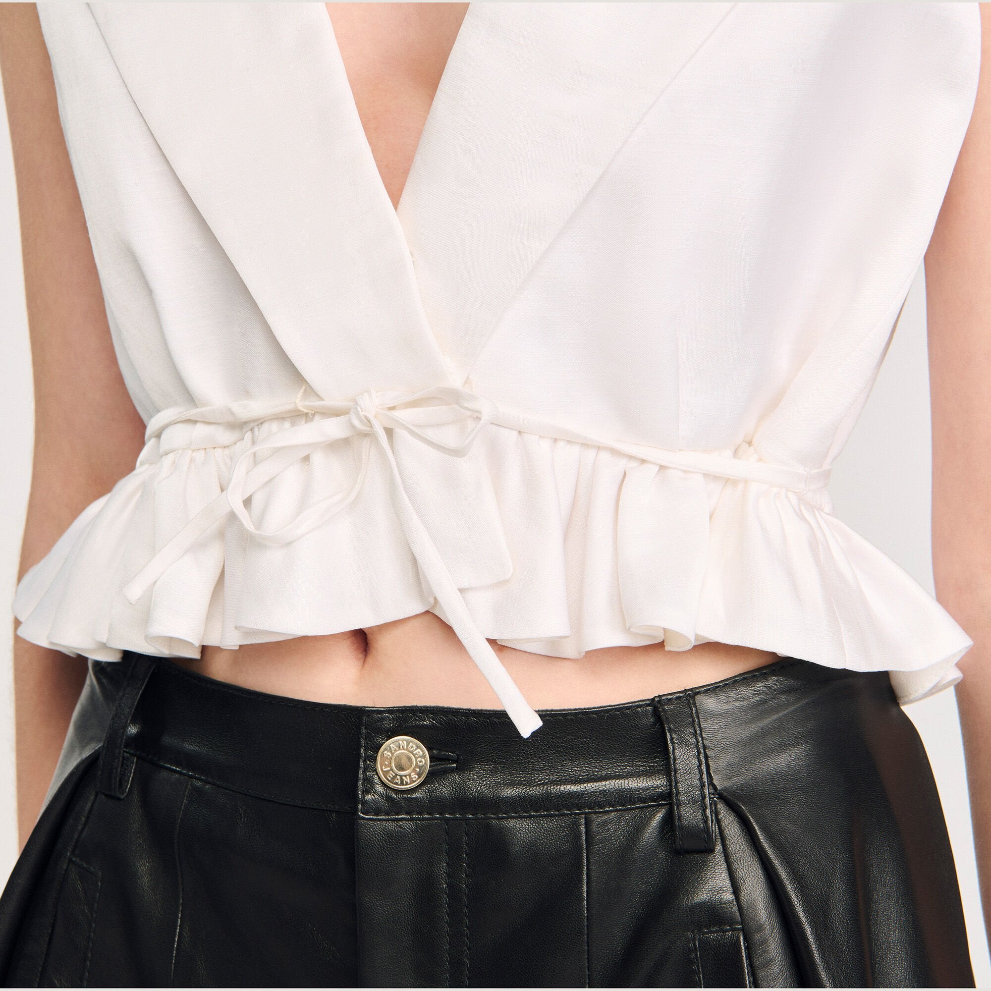 Ruffled V-neck crop top Ecru Sandro Women