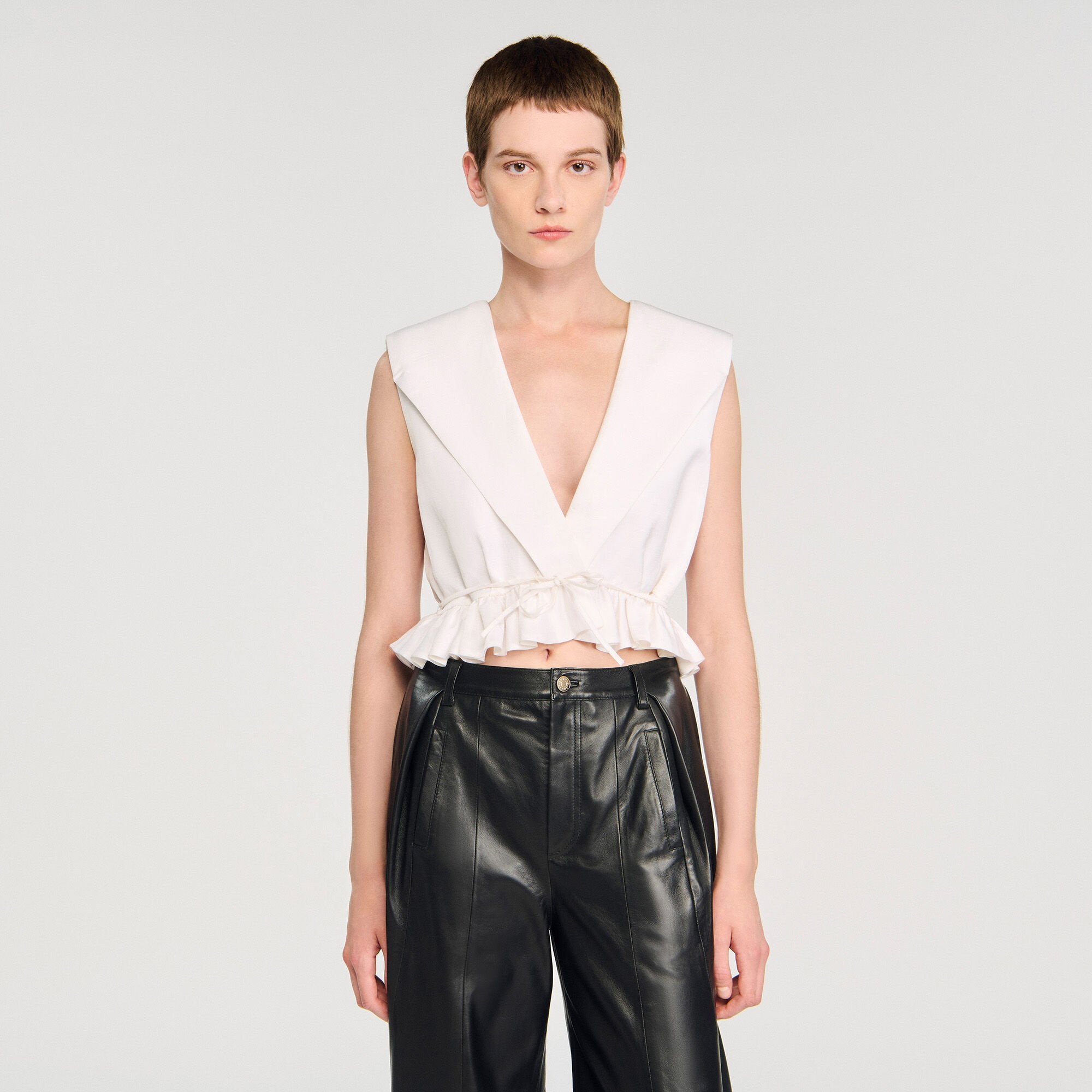 Ruffled V-neck crop top Ecru Sandro Women