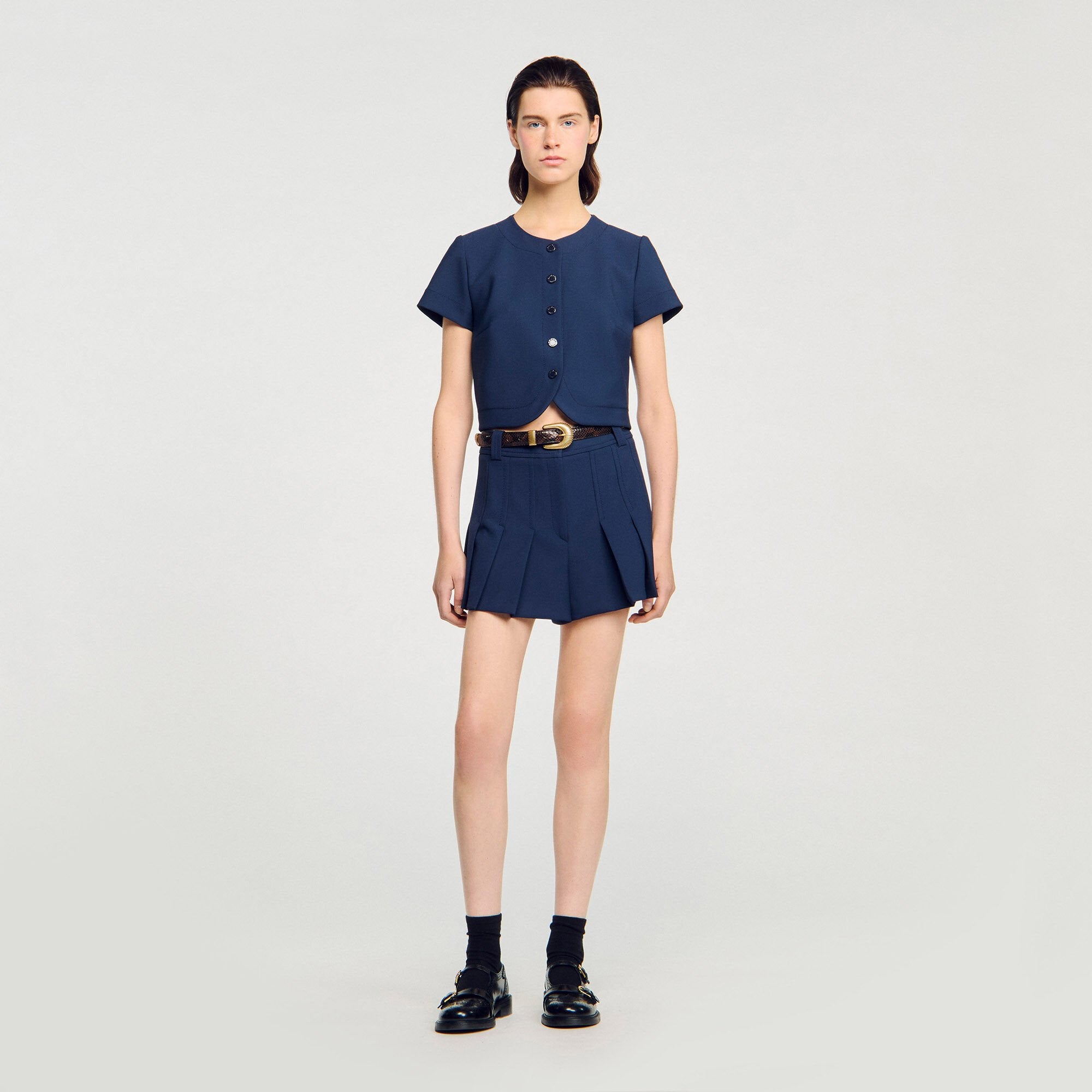 Rounded hem buttoned crop top Navy Blue Sandro Women