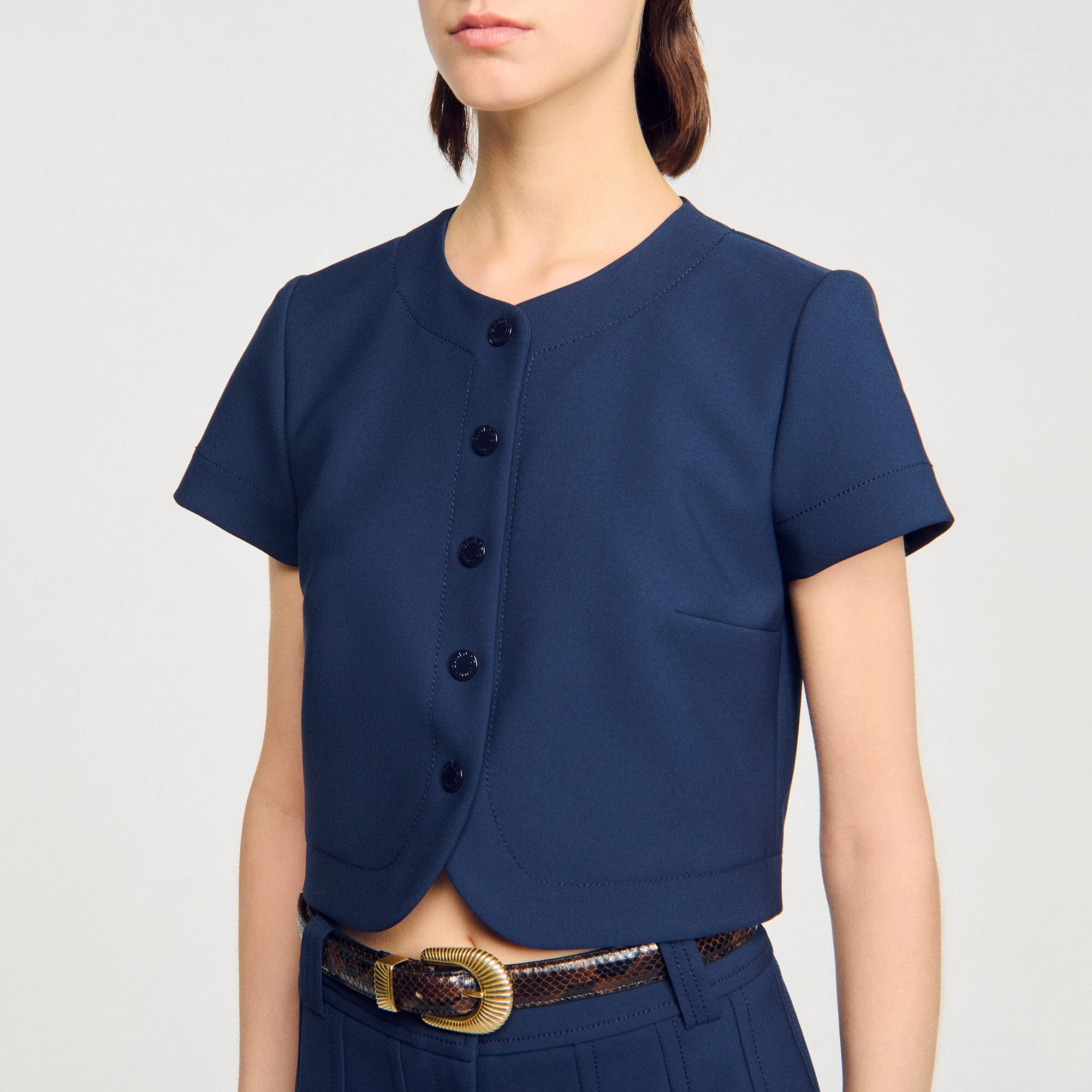 Rounded hem buttoned crop top Navy Blue Sandro Women