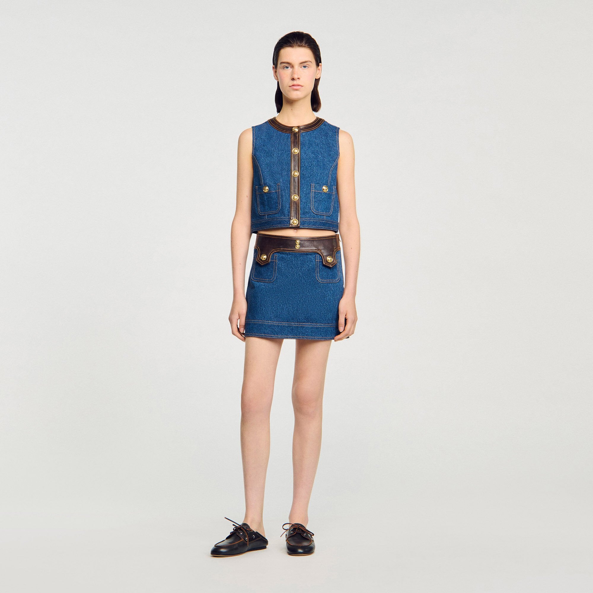 Denim and leather top Dark Blue Sandro Women