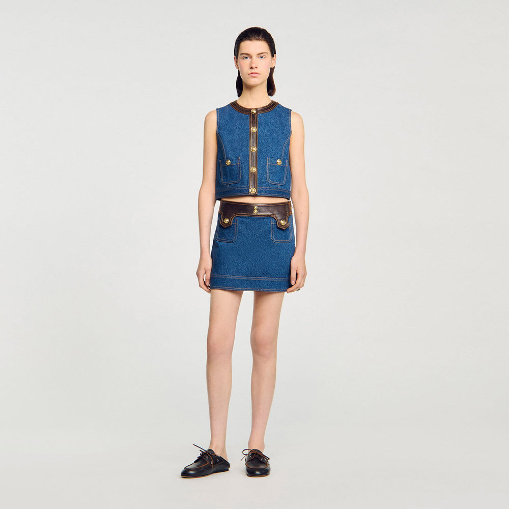 Denim and leather top Dark Blue Sandro Women