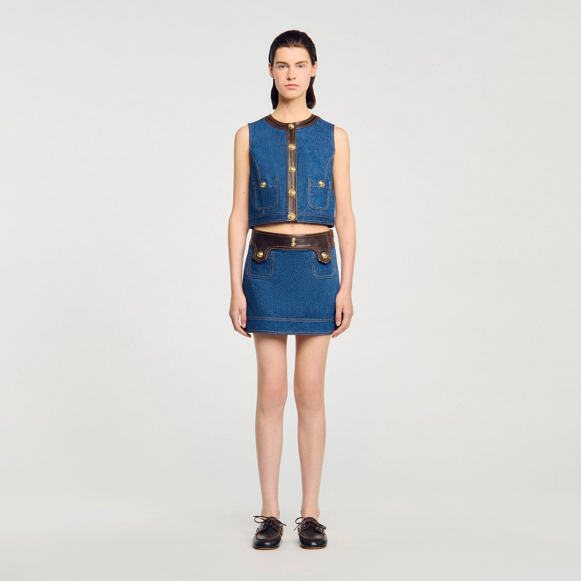 Denim and leather top Dark Blue Sandro Women