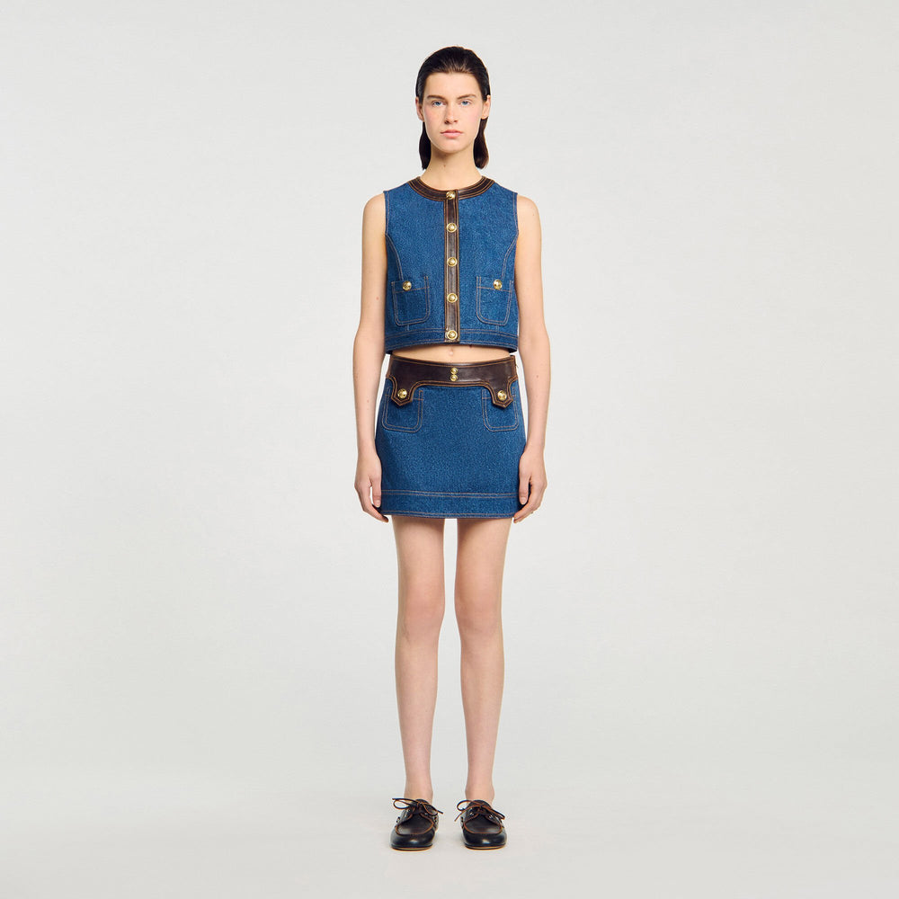Denim and leather top Dark Blue Sandro Women