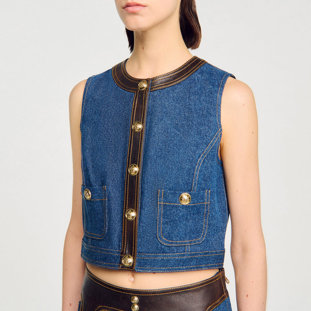 Denim and leather top Dark Blue Sandro Women