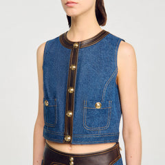 Denim and leather top Dark Blue Sandro Women