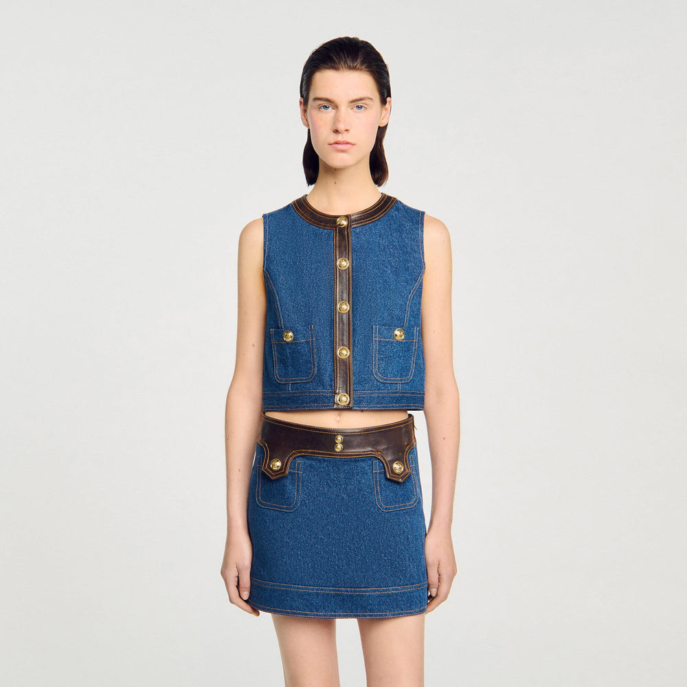 Denim and leather top Dark Blue Sandro Women