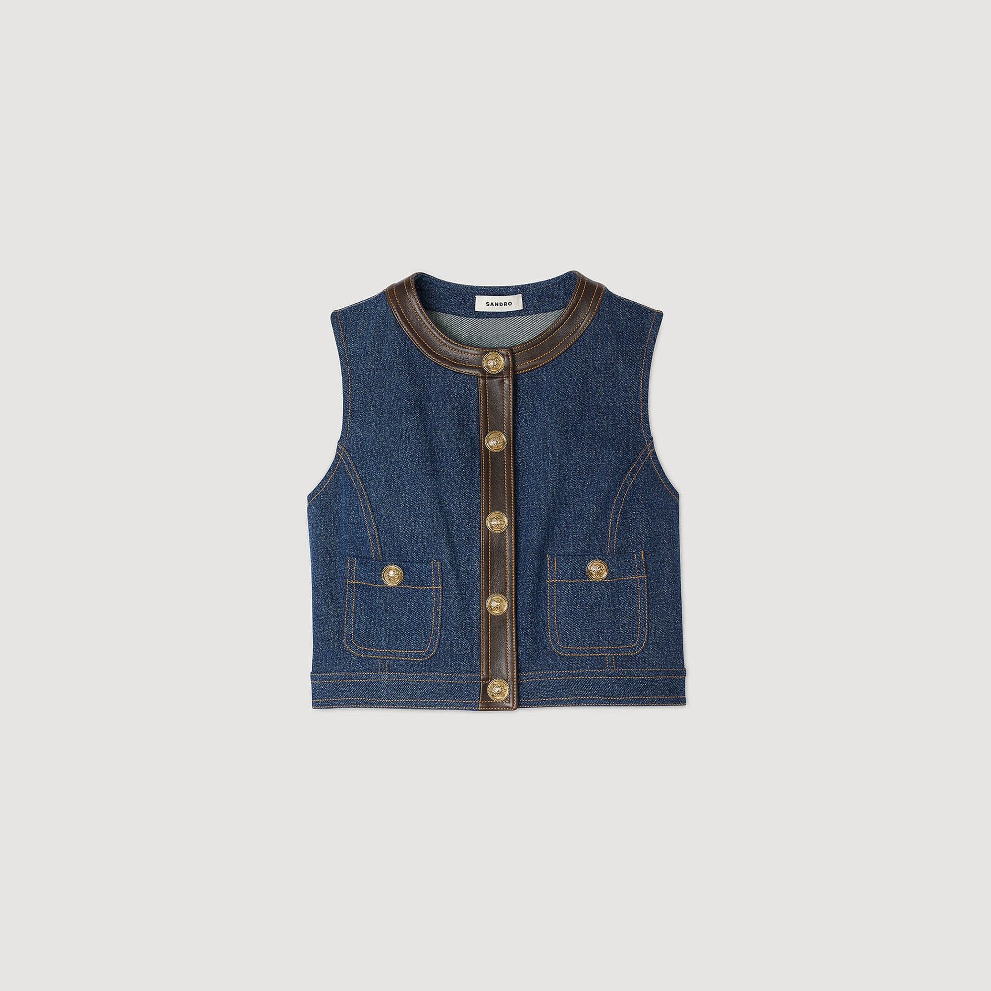 Denim and leather top Dark Blue Sandro Women