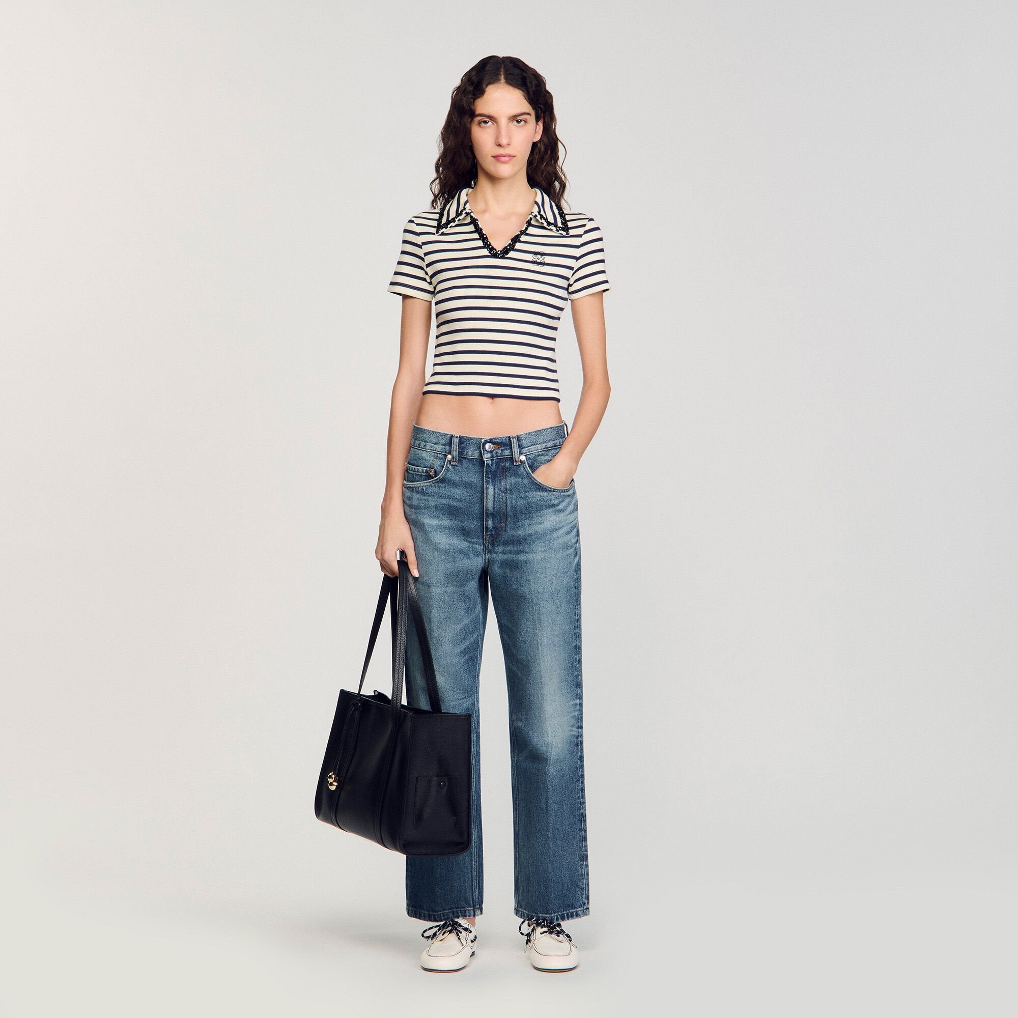 Striped polo shirt Ecru / Navy Sandro Women