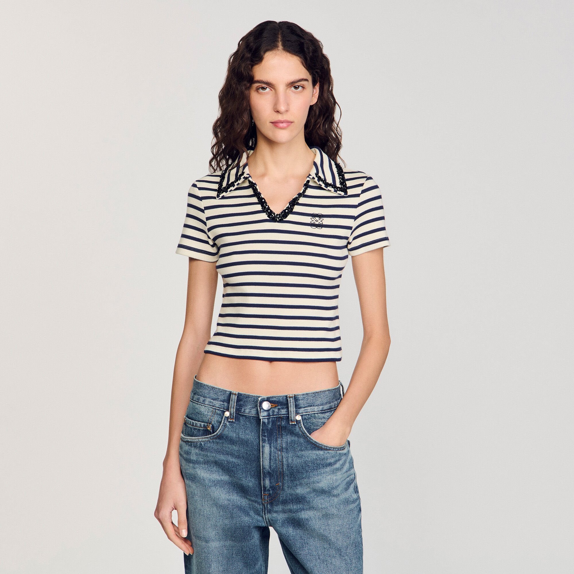 Striped polo shirt Ecru / Navy Sandro Women