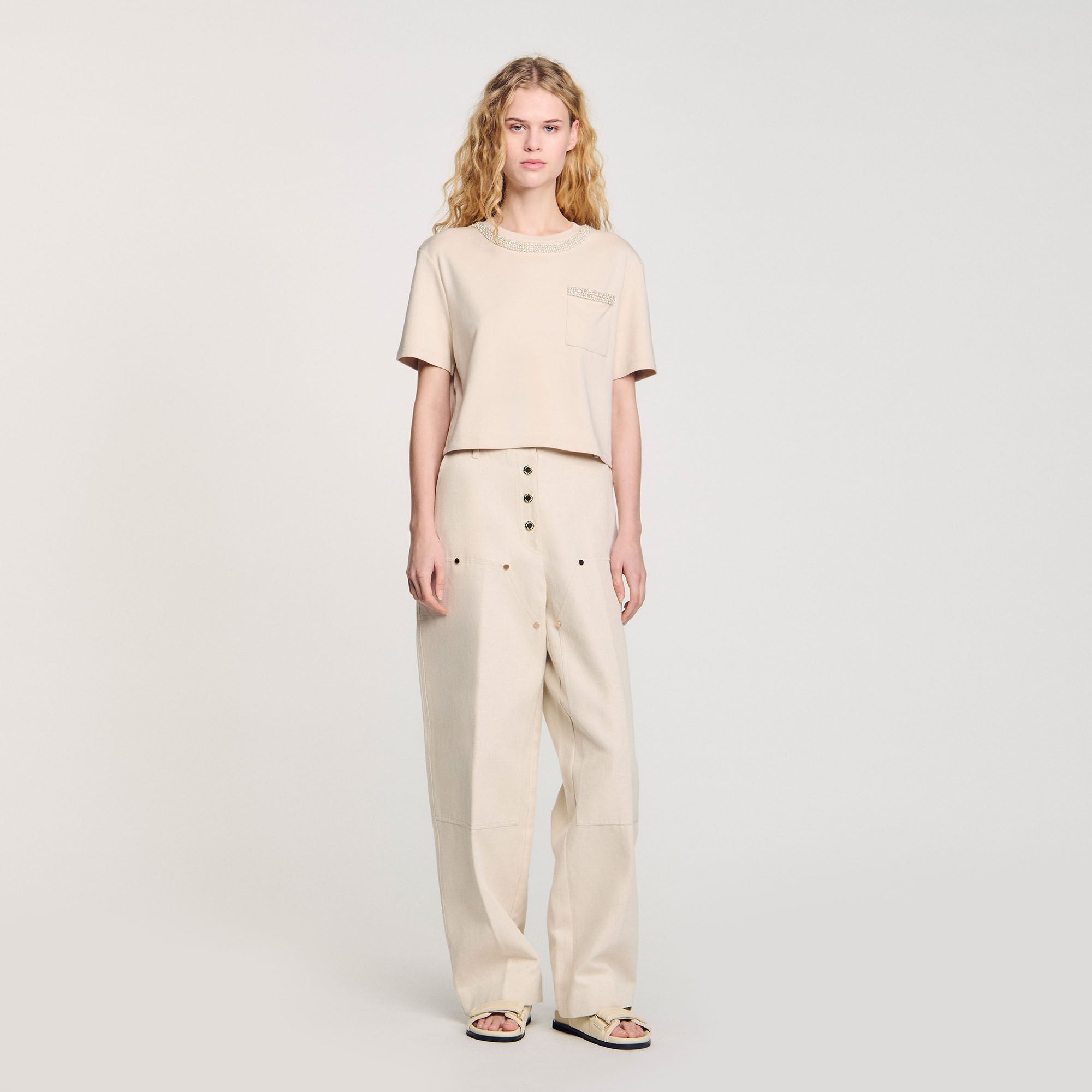 T-shirt with rhinestone details Beige Sandro Women
