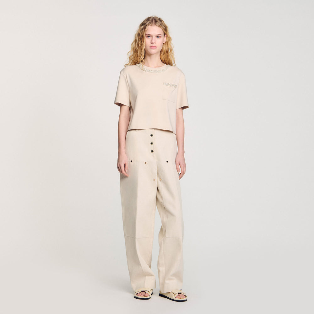 T-shirt with rhinestone details Beige Sandro Women