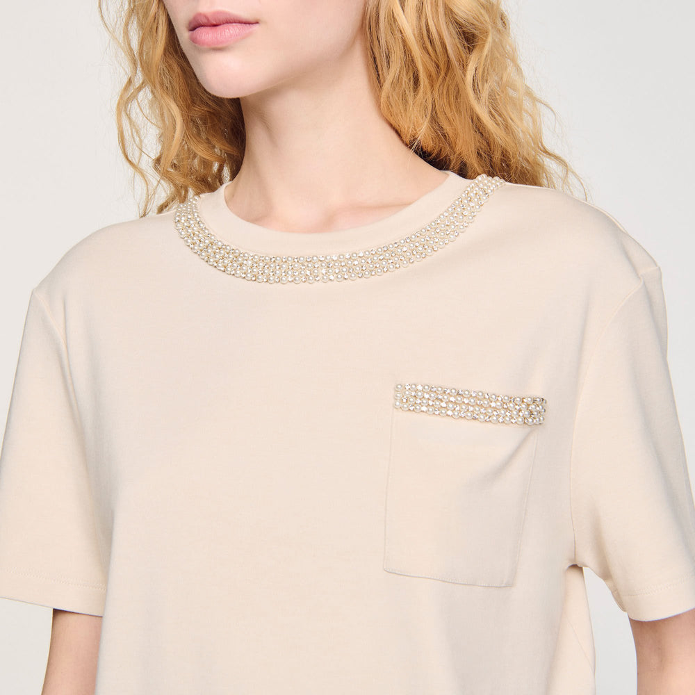 T-shirt with rhinestone details Beige Sandro Women
