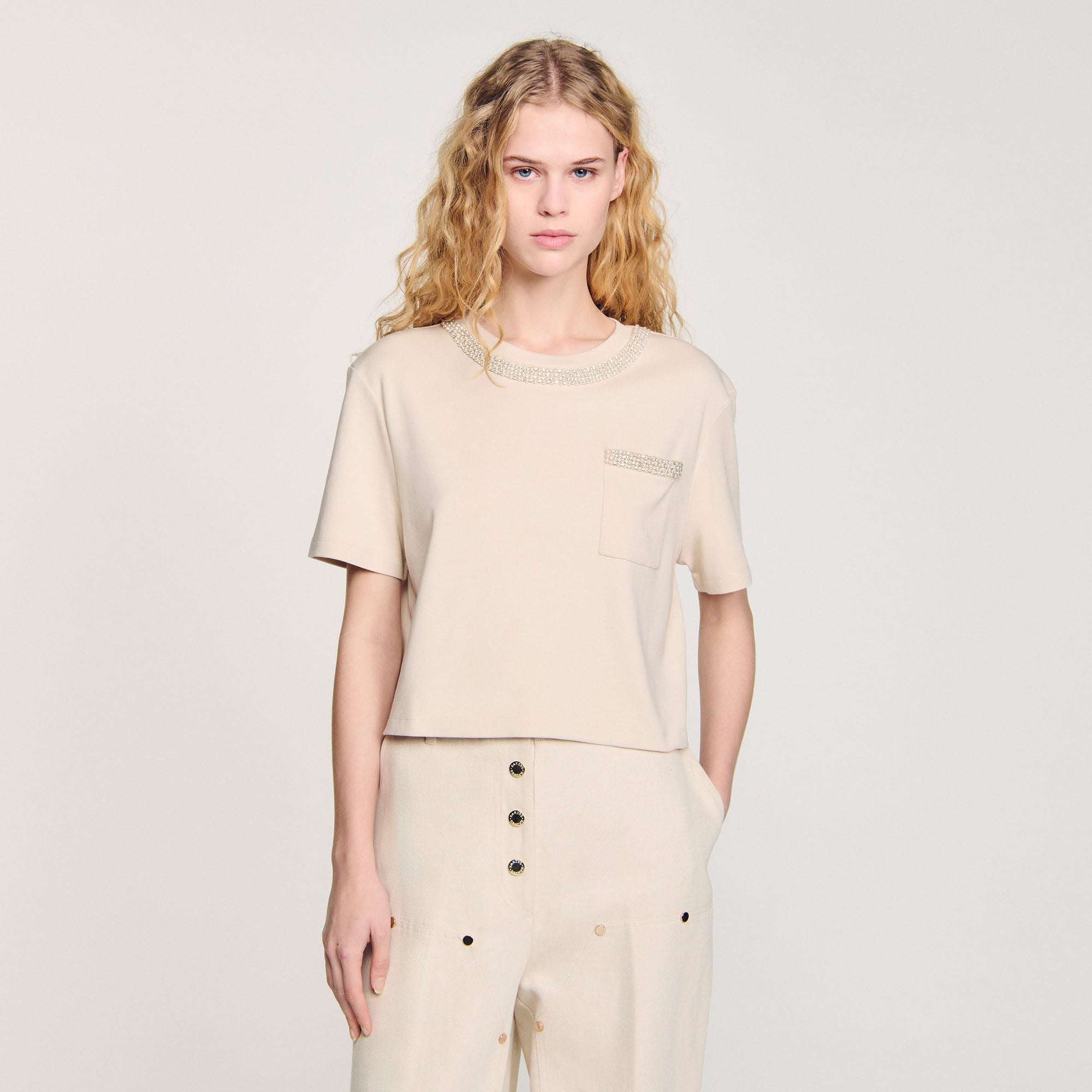 T-shirt with rhinestone details Beige Sandro Women