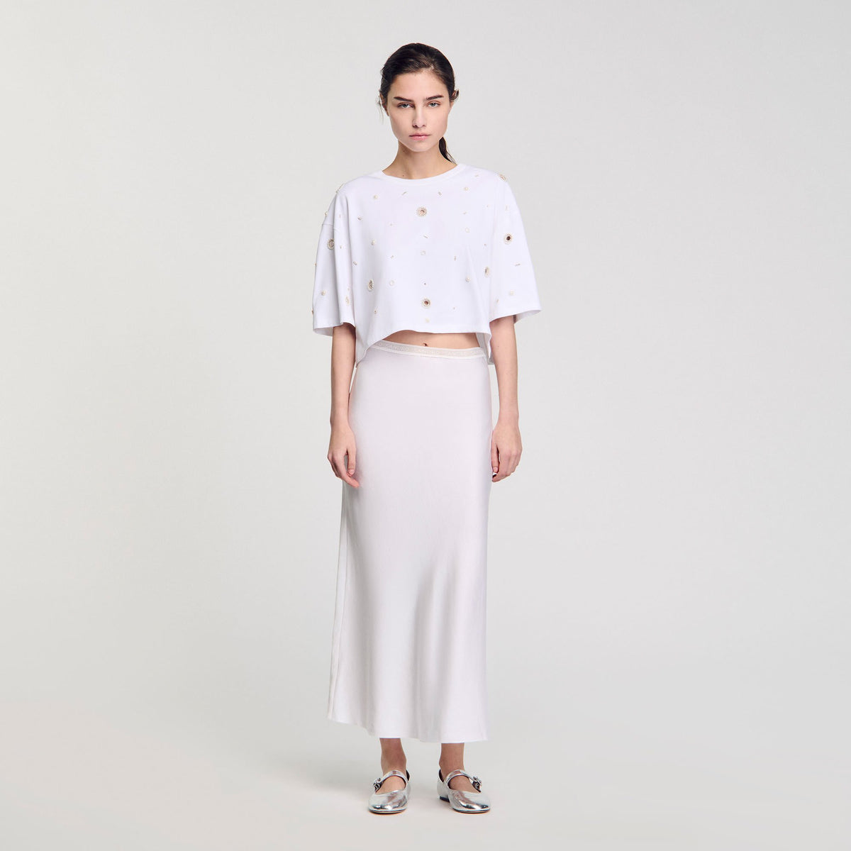 Cropped pearl bead T-shirt White Sandro Women