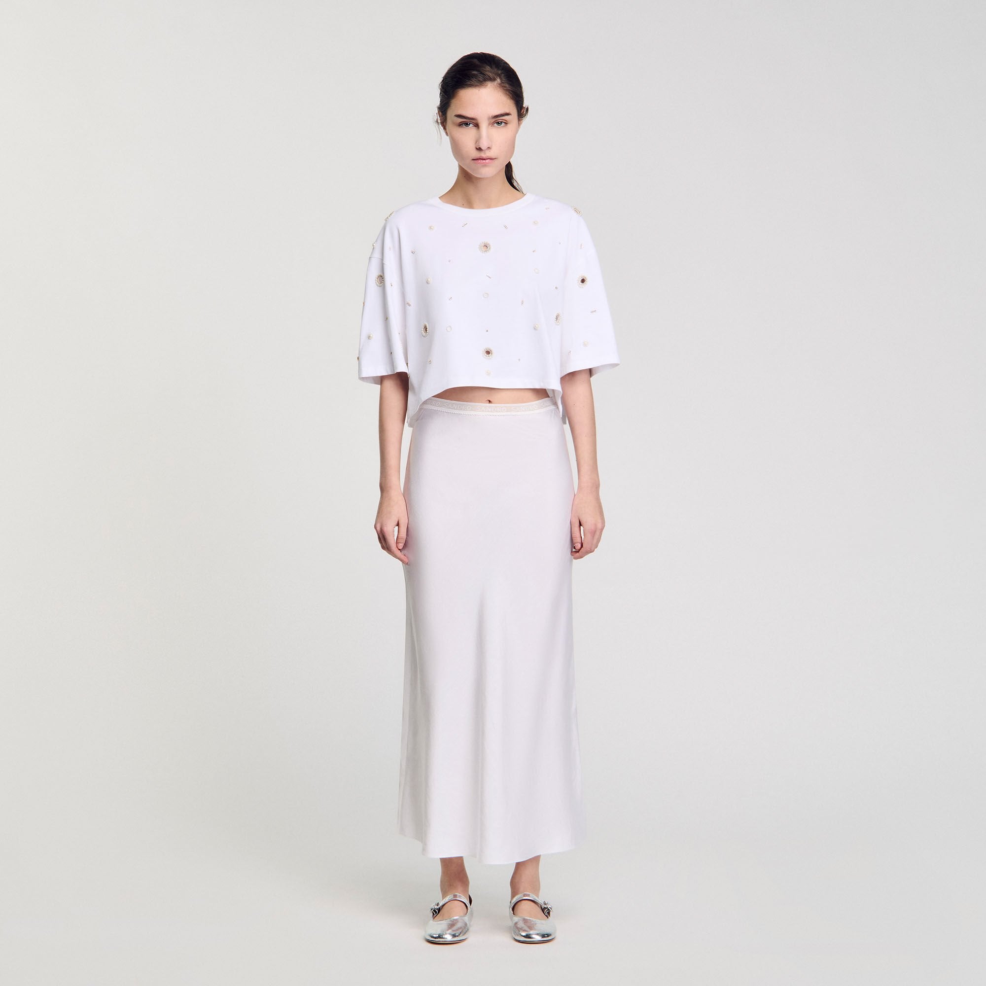 Cropped pearl bead T-shirt White Sandro Women