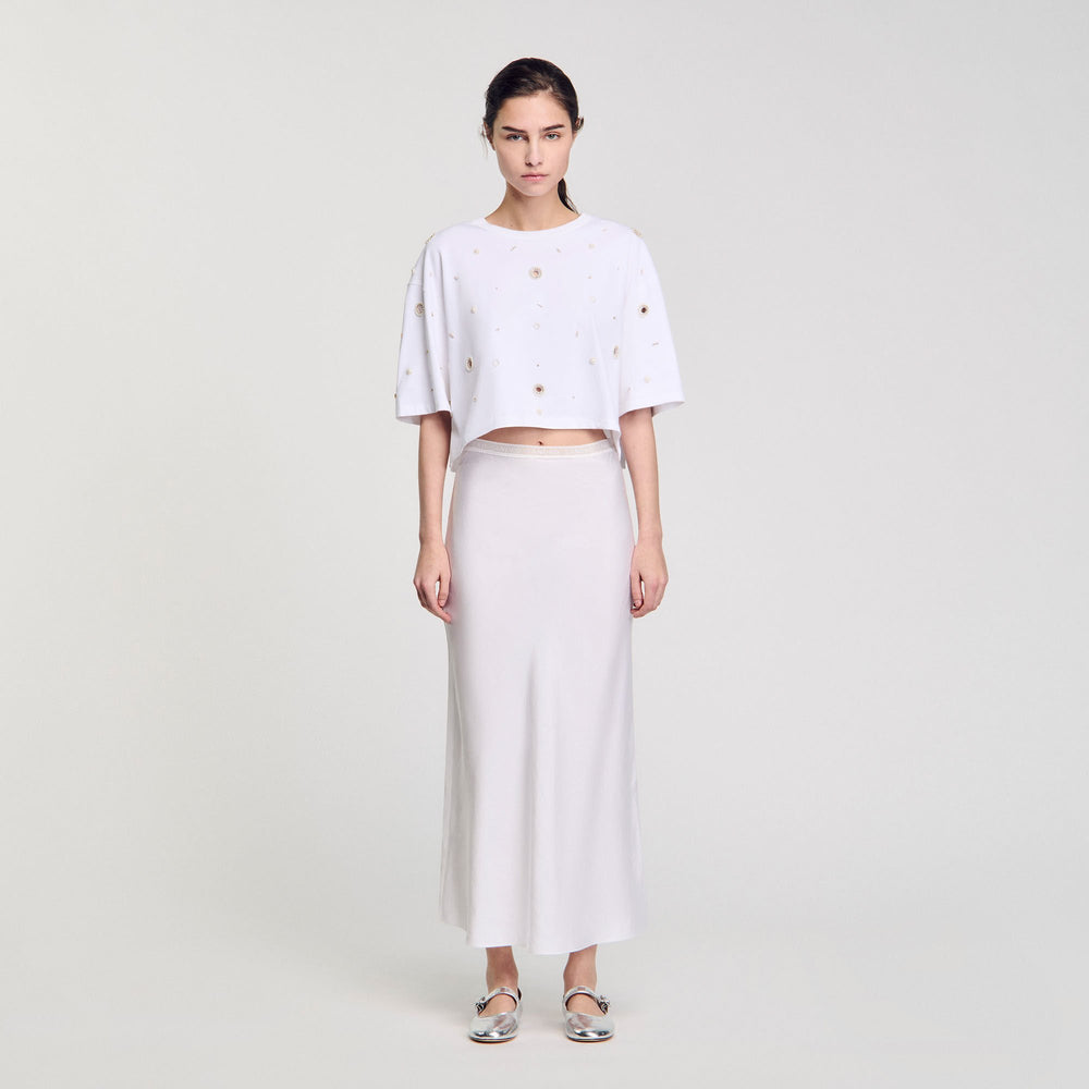 Cropped pearl bead T-shirt White Sandro Women
