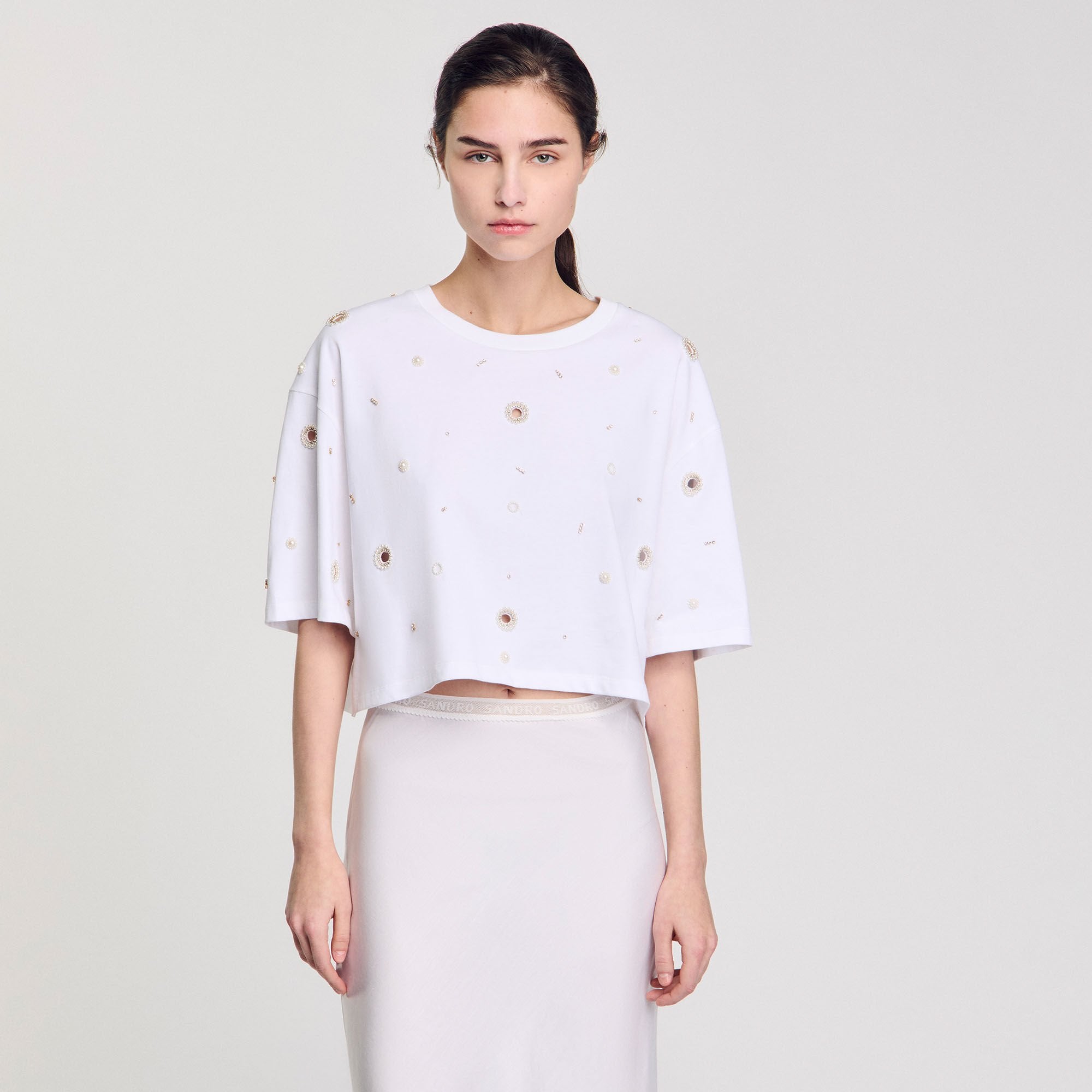 Cropped pearl bead T-shirt White Sandro Women