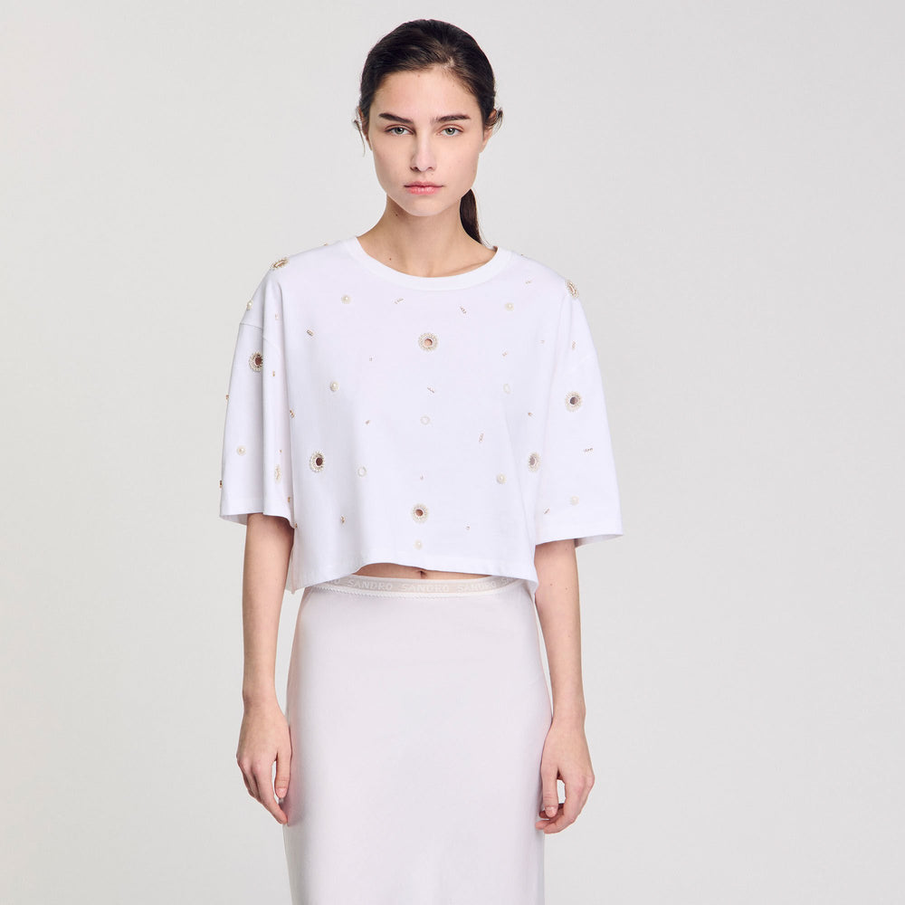 Cropped pearl bead T-shirt White Sandro Women