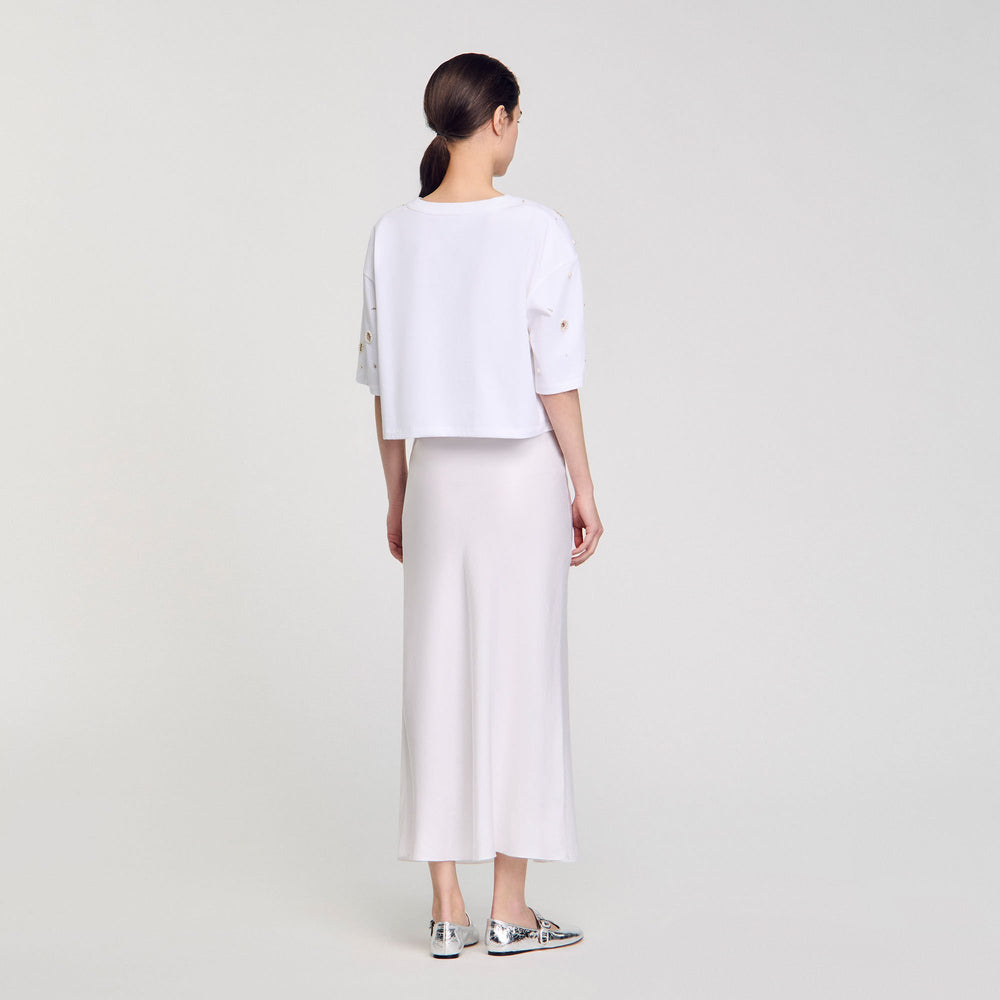 Cropped pearl bead T-shirt White Sandro Women