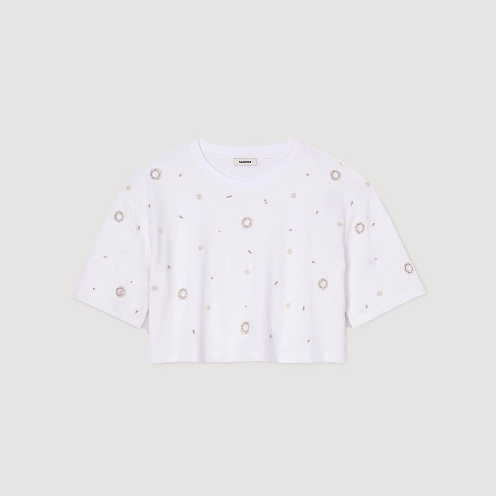 Cropped pearl bead T-shirt White Sandro Women