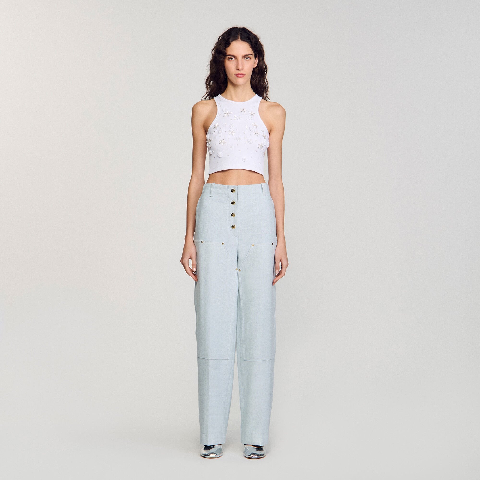 Beaded and rhinestone tank top White Sandro Women