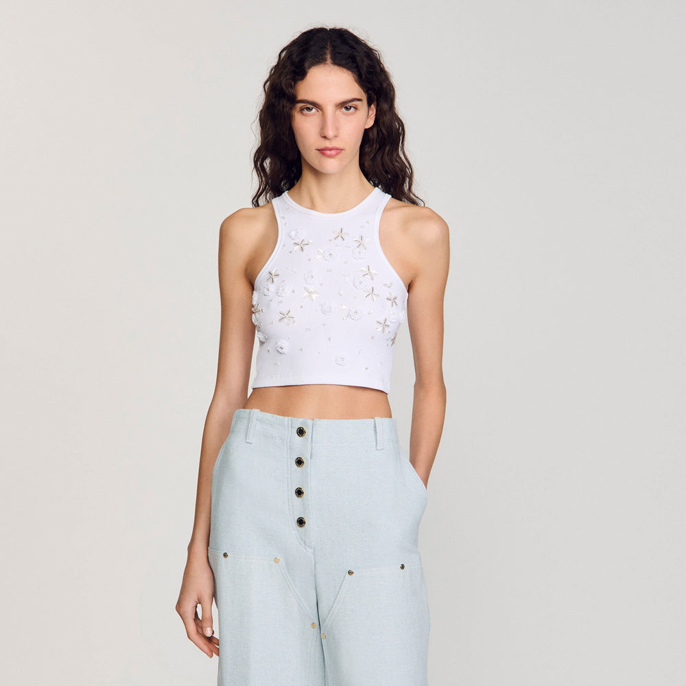 Beaded and rhinestone tank top White Sandro Women