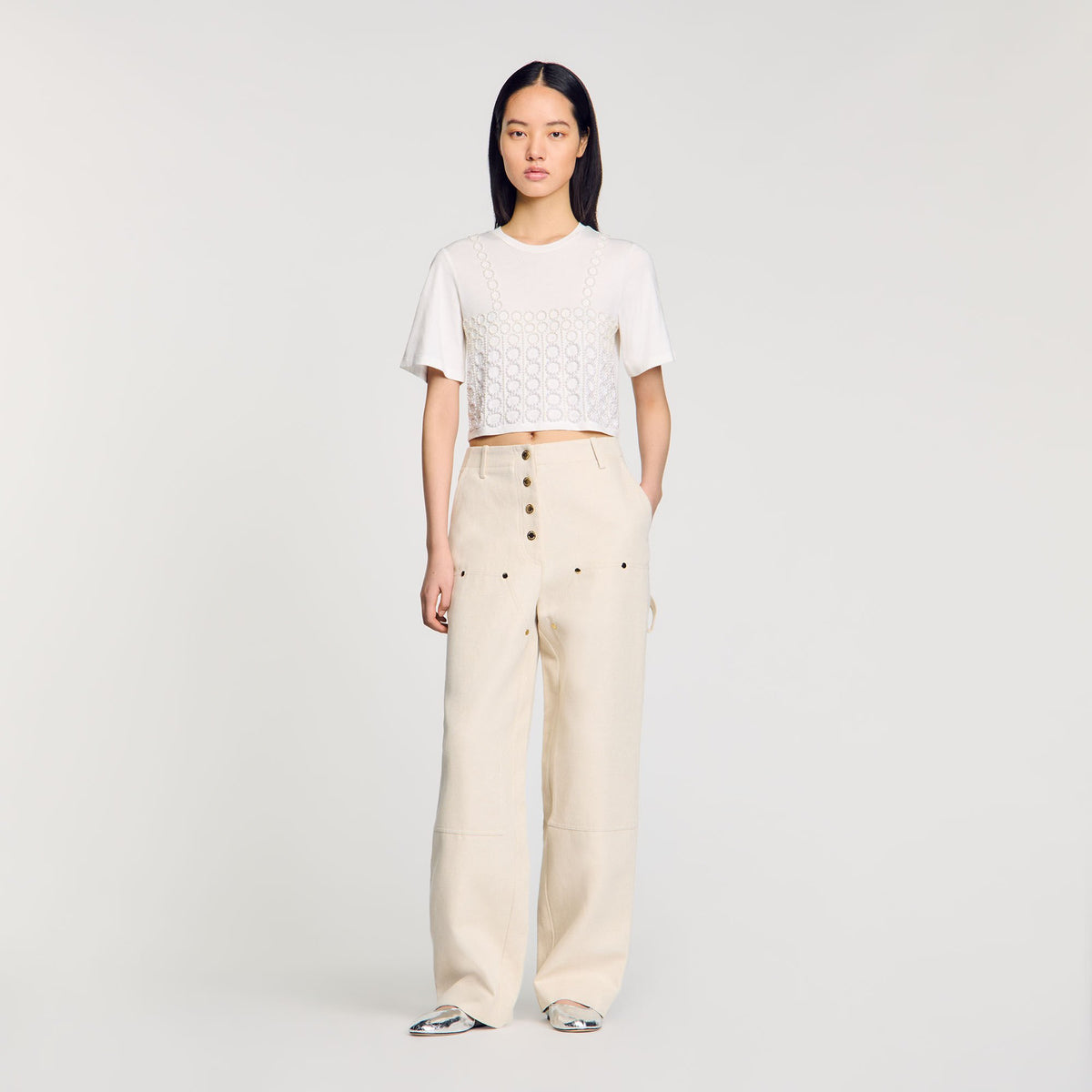 Beaded cropped T-shirt White Sandro Women