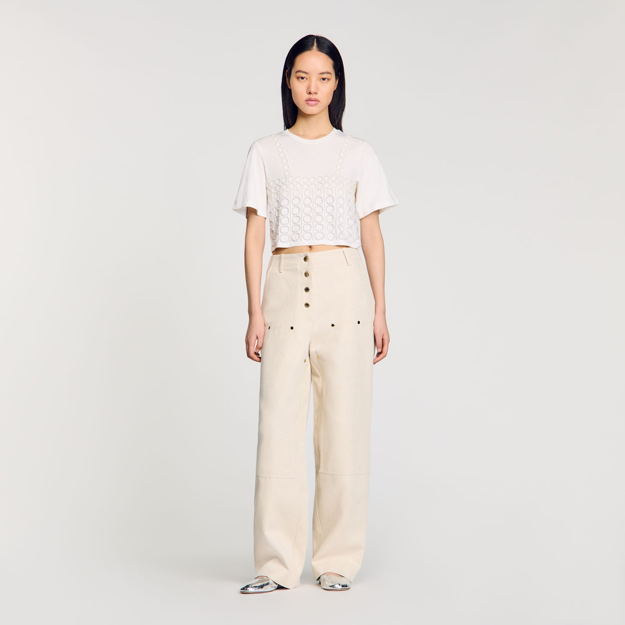 Beaded cropped T-shirt White Sandro Women