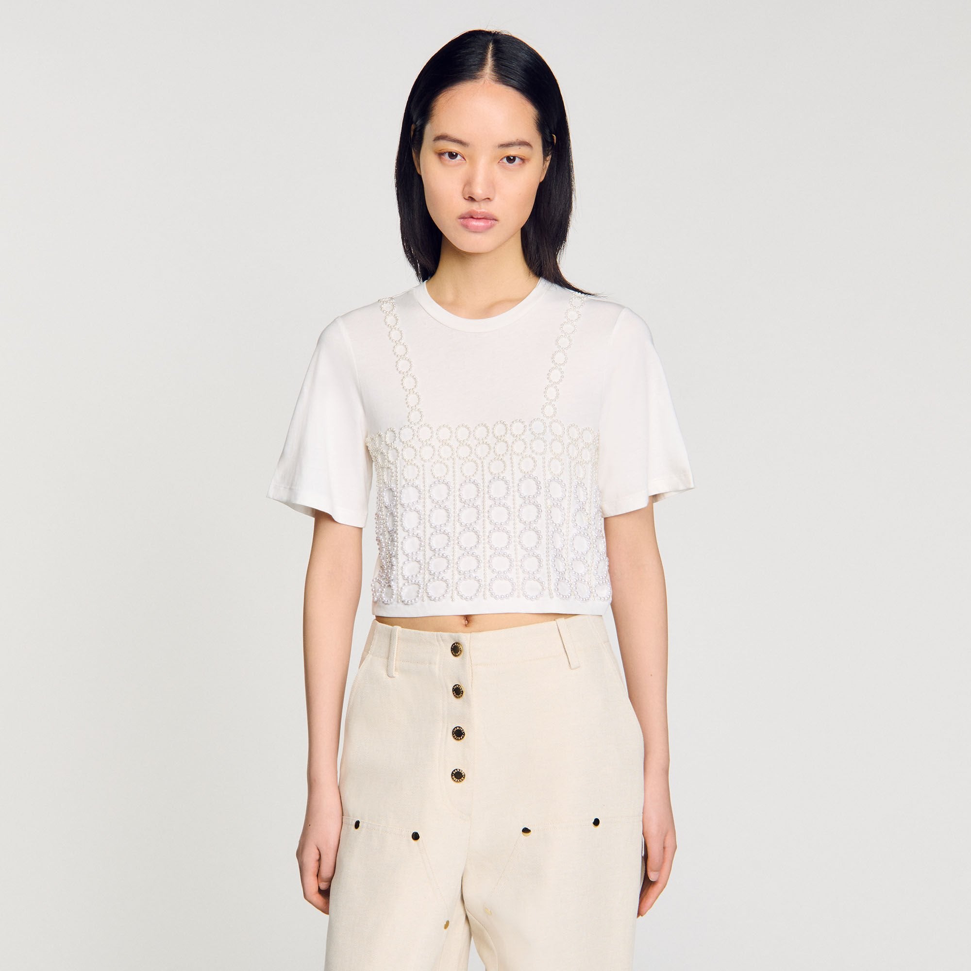 Beaded cropped T-shirt White Sandro Women