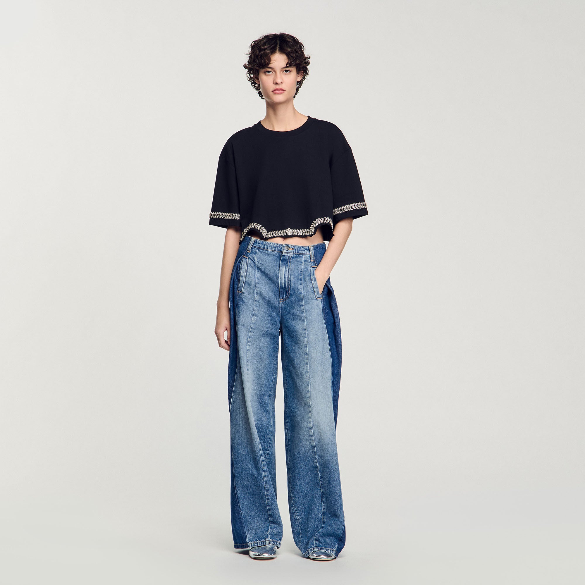 Rhinestone cropped T-shirt Black Sandro Women