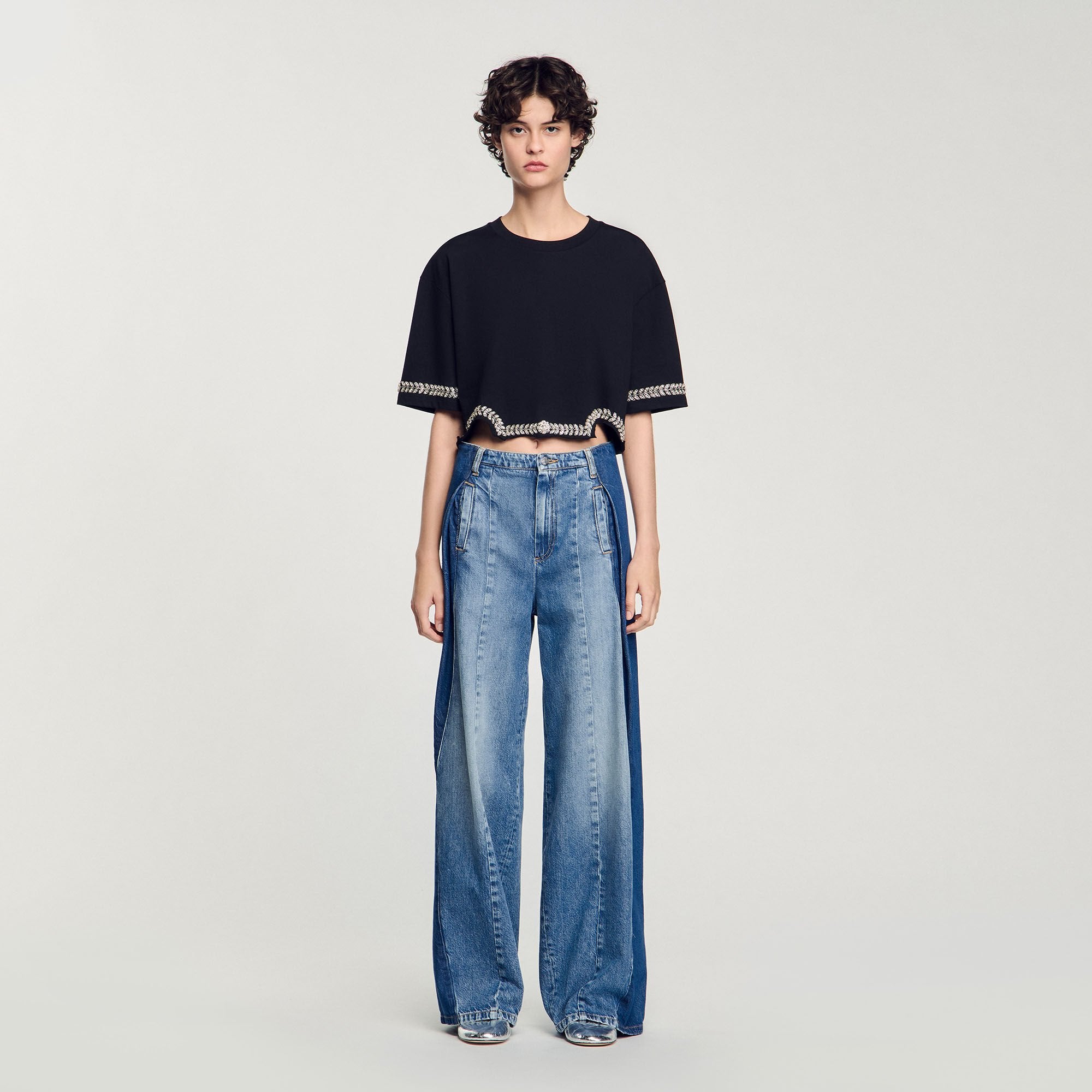 Rhinestone cropped T-shirt Black Sandro Women