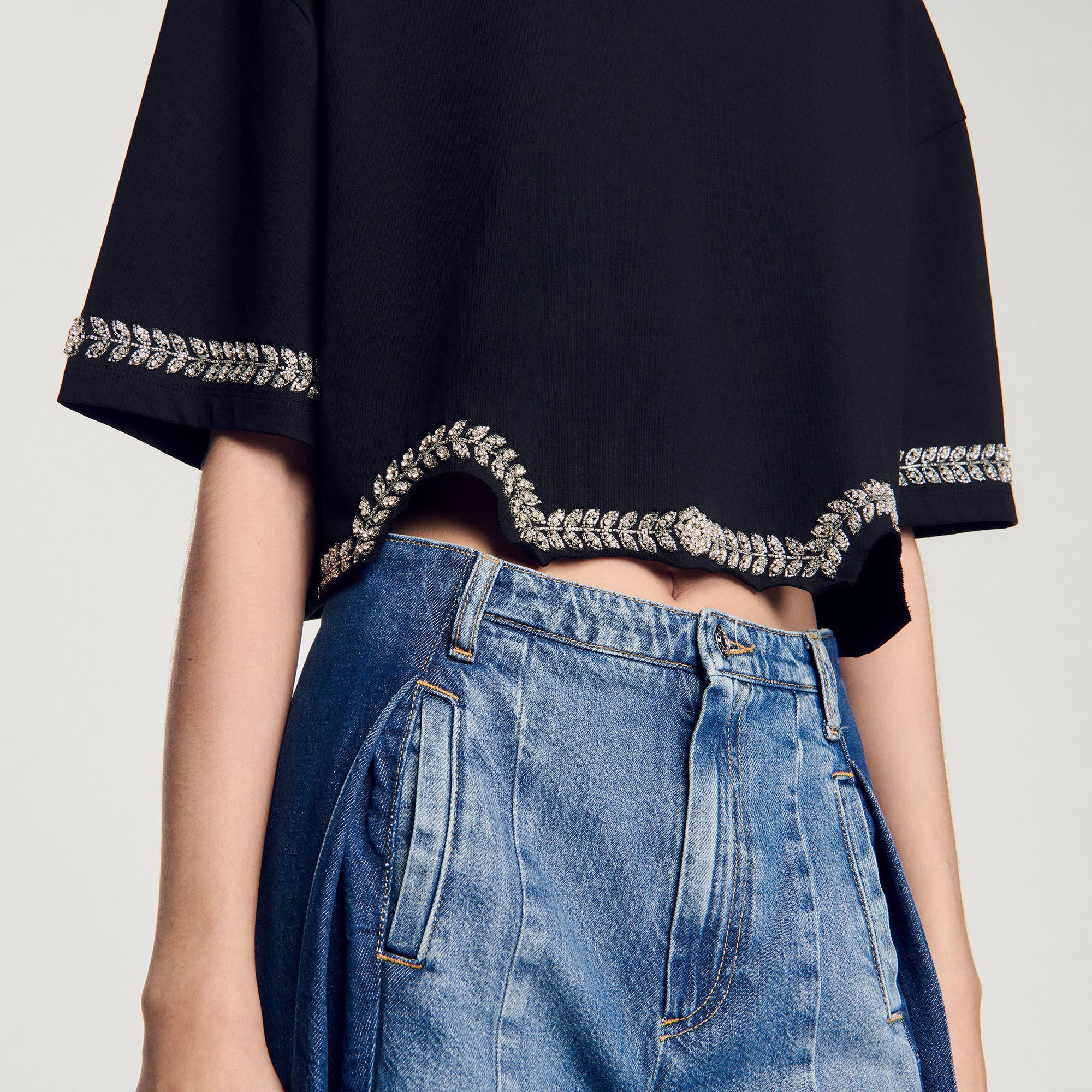 Rhinestone cropped T-shirt Black Sandro Women