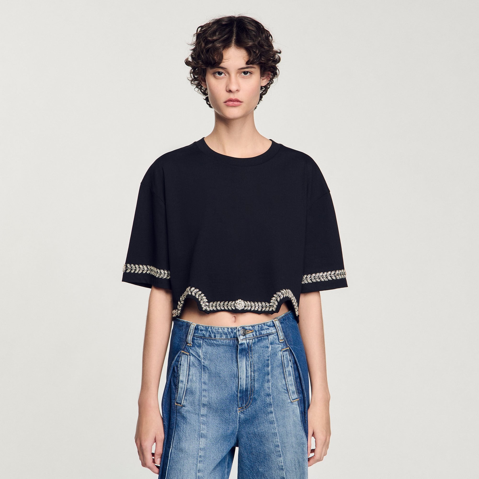 Rhinestone cropped T-shirt Black Sandro Women