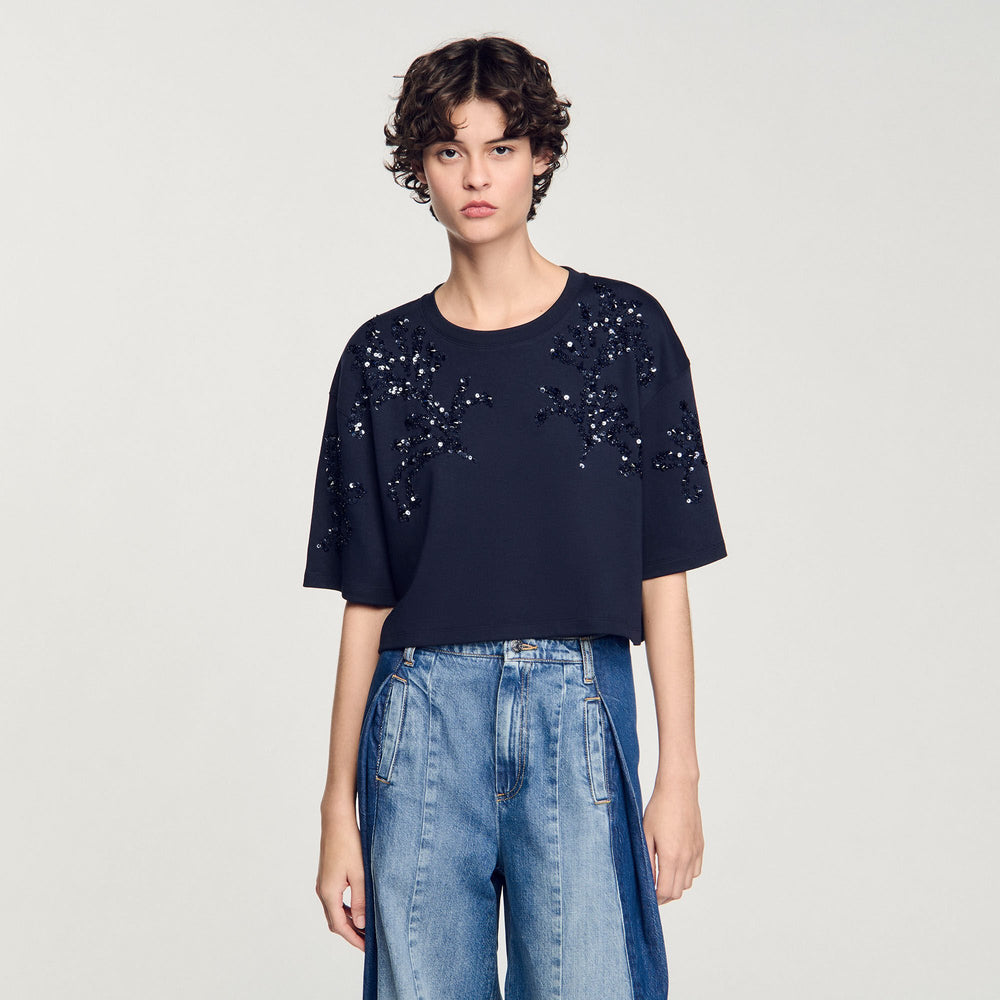 T-shirt with beaded details Navy Blue Sandro Women