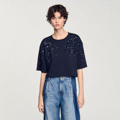 T-shirt with beaded details Navy Blue Sandro Women