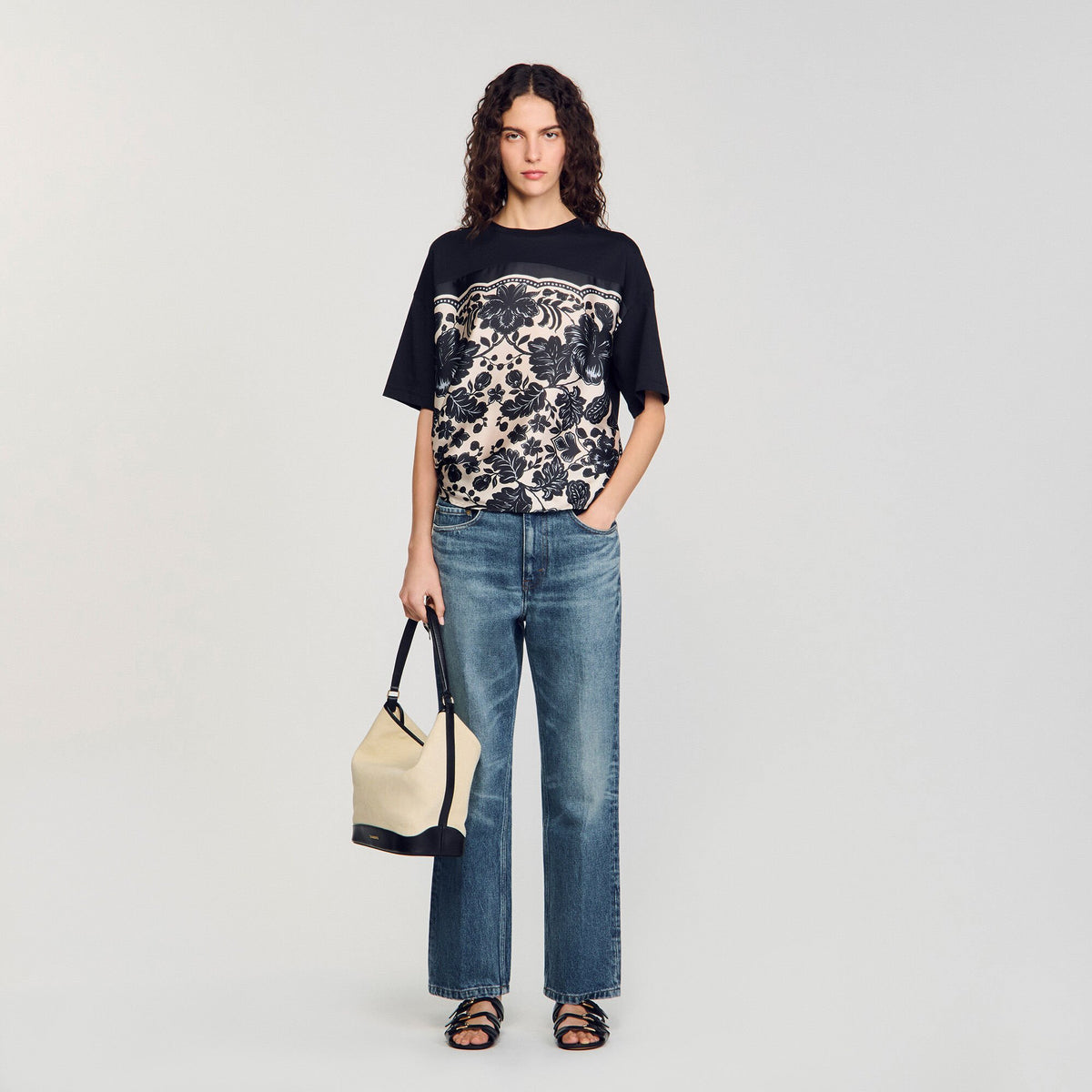 Floral motif T-shirt Ecru / Black Sandro Women