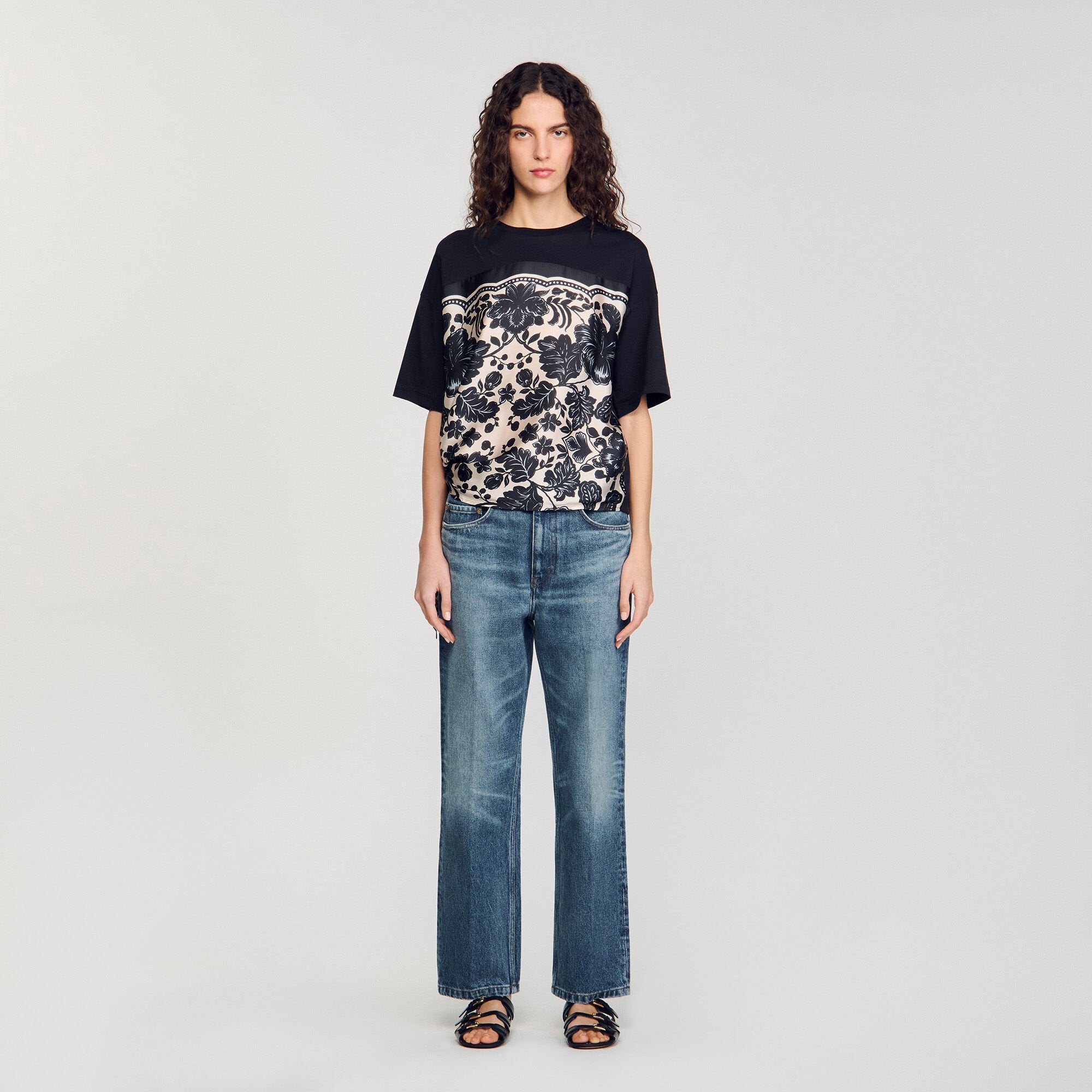 Floral motif T-shirt Ecru / Black Sandro Women
