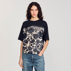 Floral motif T-shirt Ecru / Black Sandro Women