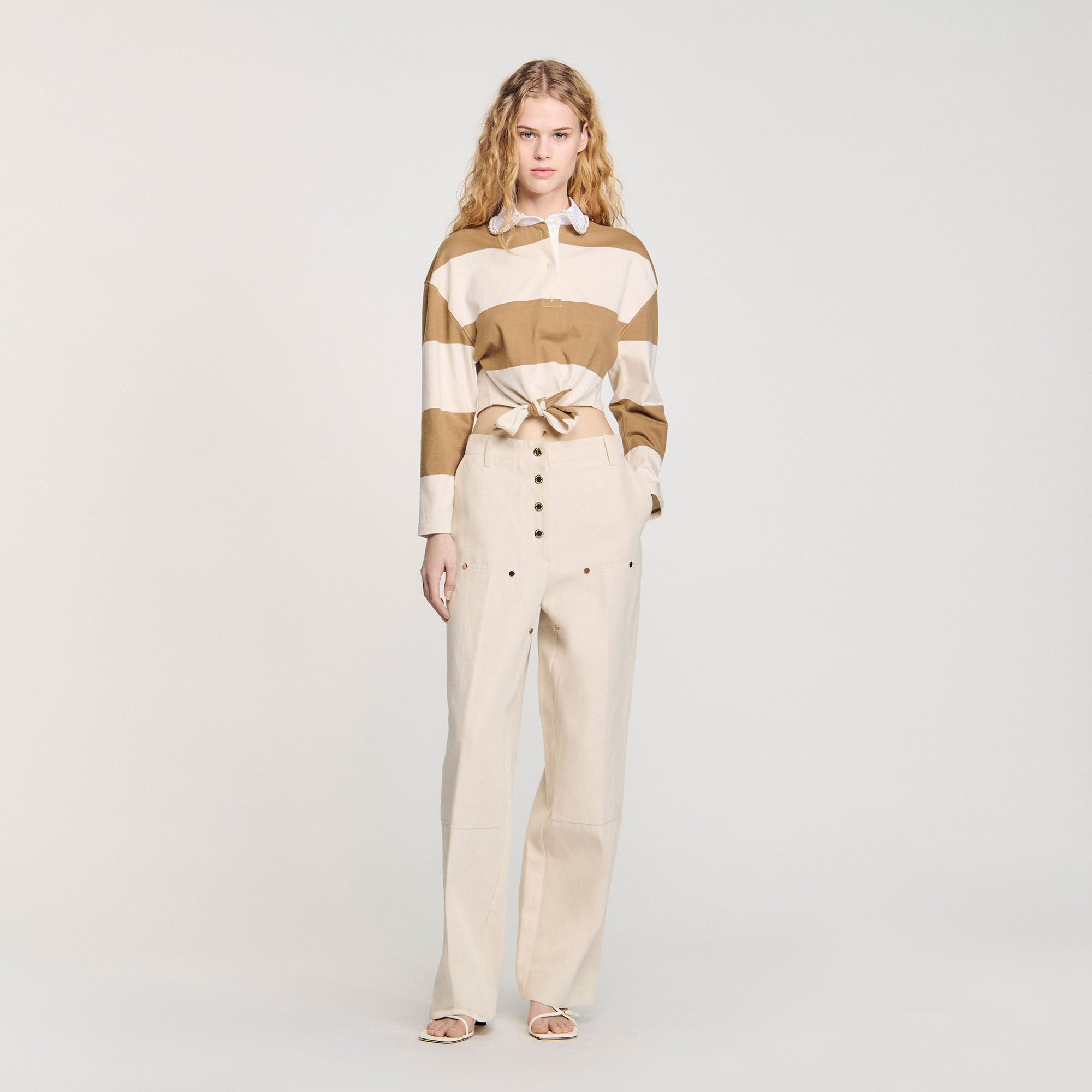Striped polo-neck T-shirt Beige Sandro Women