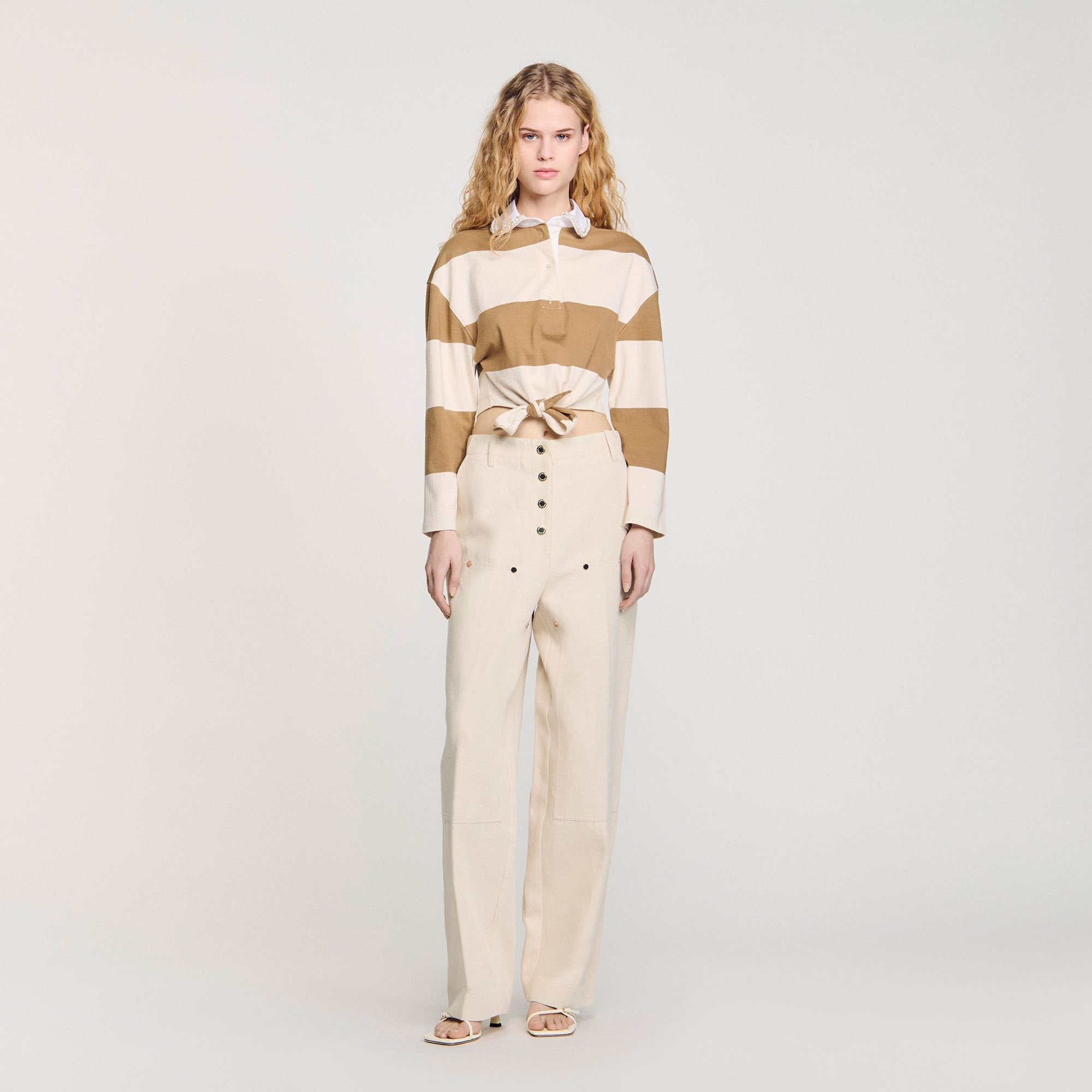 Striped polo-neck T-shirt Beige Sandro Women