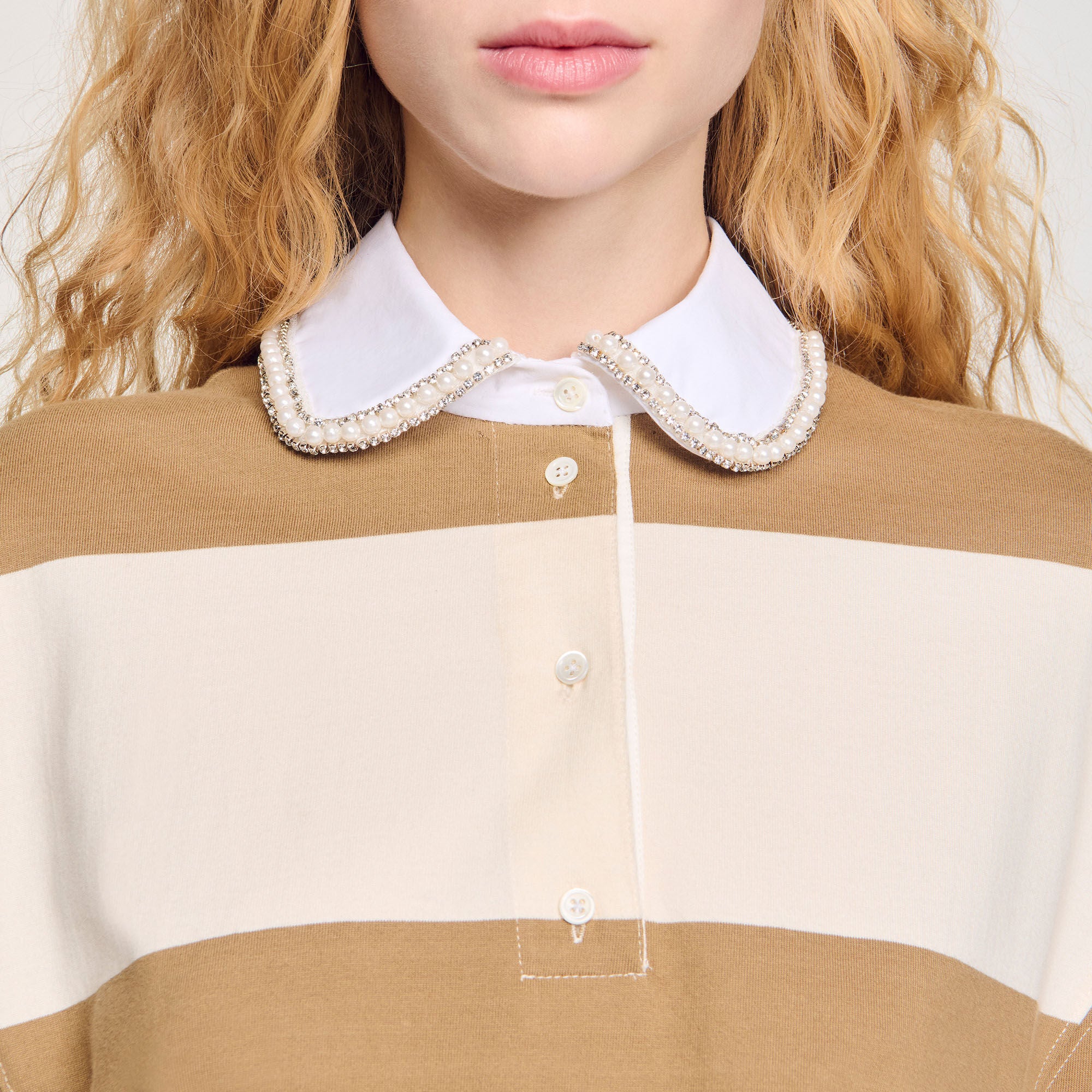 Striped polo-neck T-shirt Beige Sandro Women