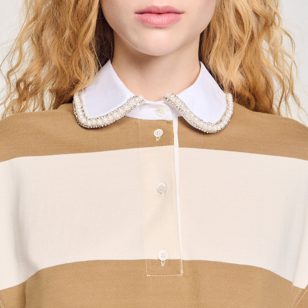 Striped polo-neck T-shirt Beige Sandro Women