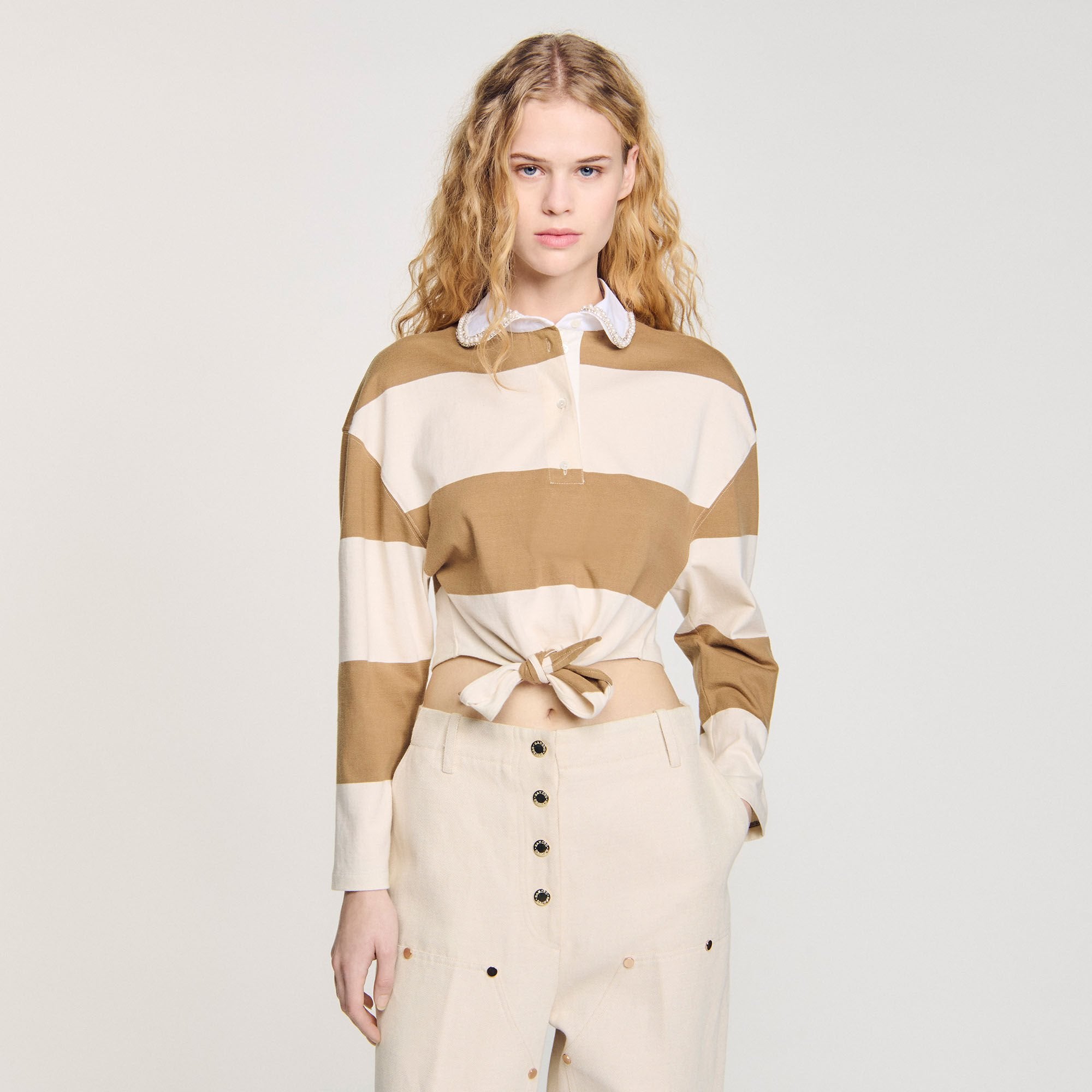 Striped polo-neck T-shirt Beige Sandro Women