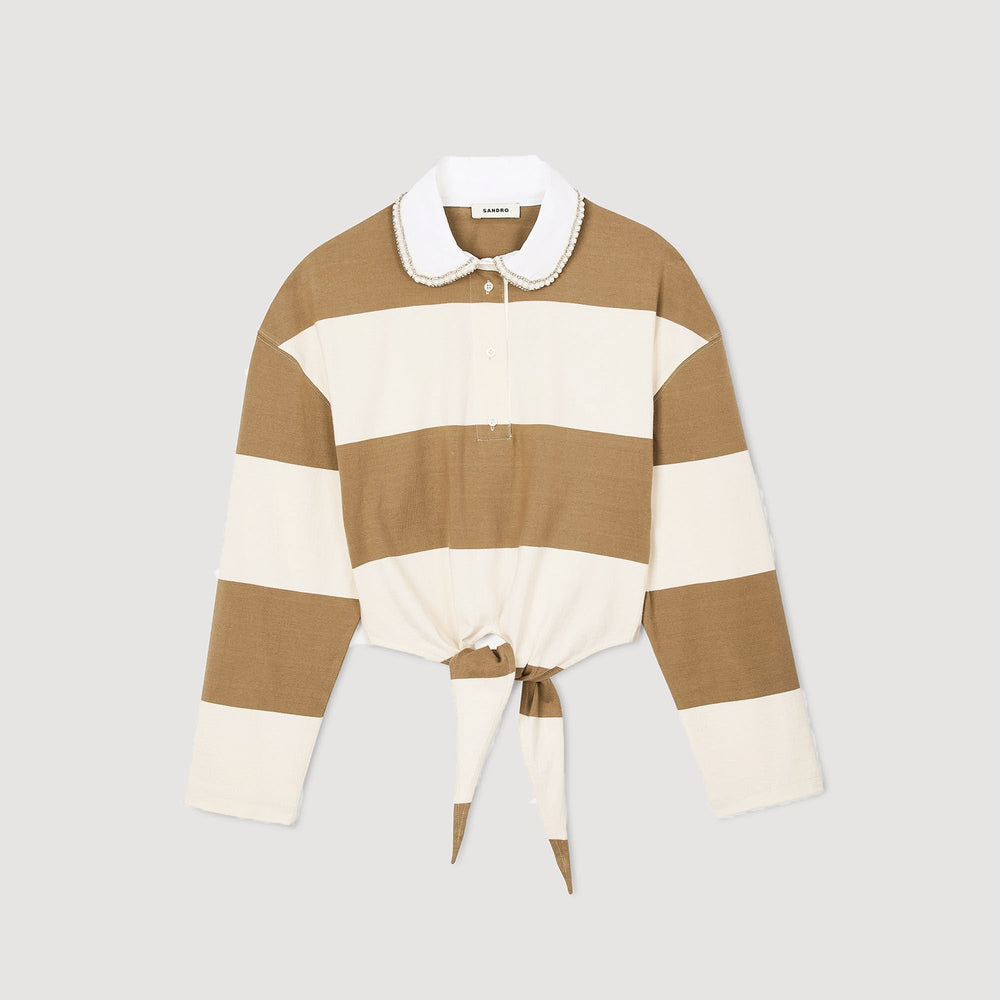 Striped polo-neck T-shirt Beige Sandro Women