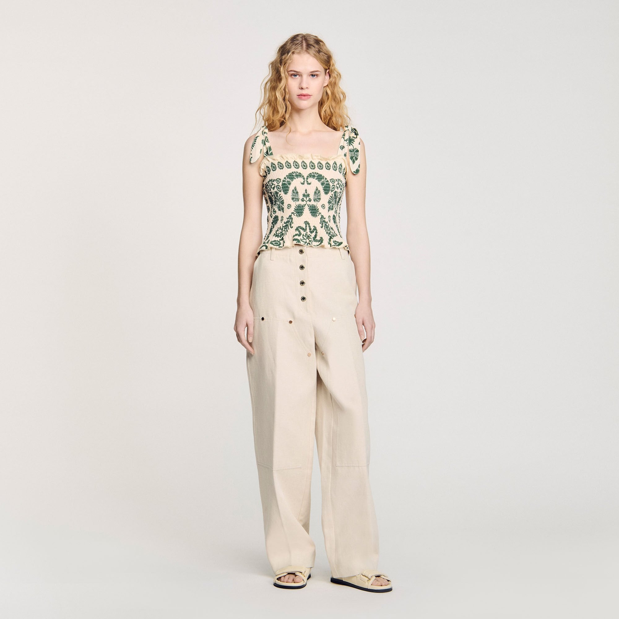 Floral motif smocked top Ecru / Green Sandro Women
