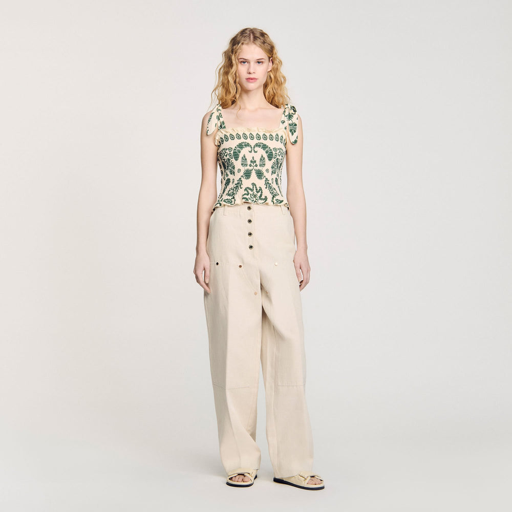 Floral motif smocked top Ecru / Green Sandro Women