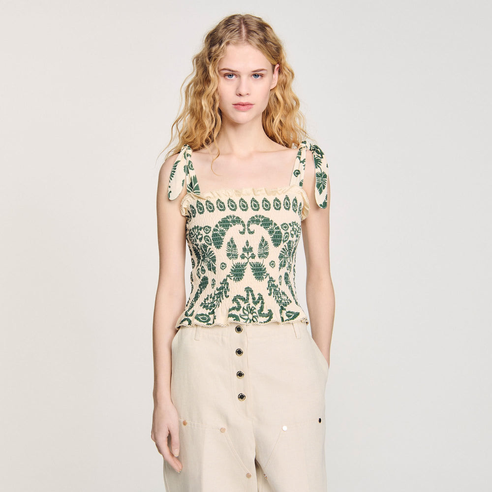Floral motif smocked top Ecru / Green Sandro Women