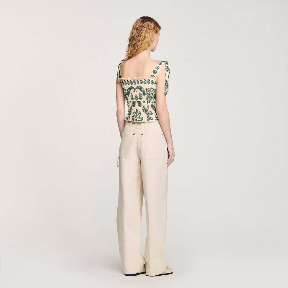 Floral motif smocked top Ecru / Green Sandro Women