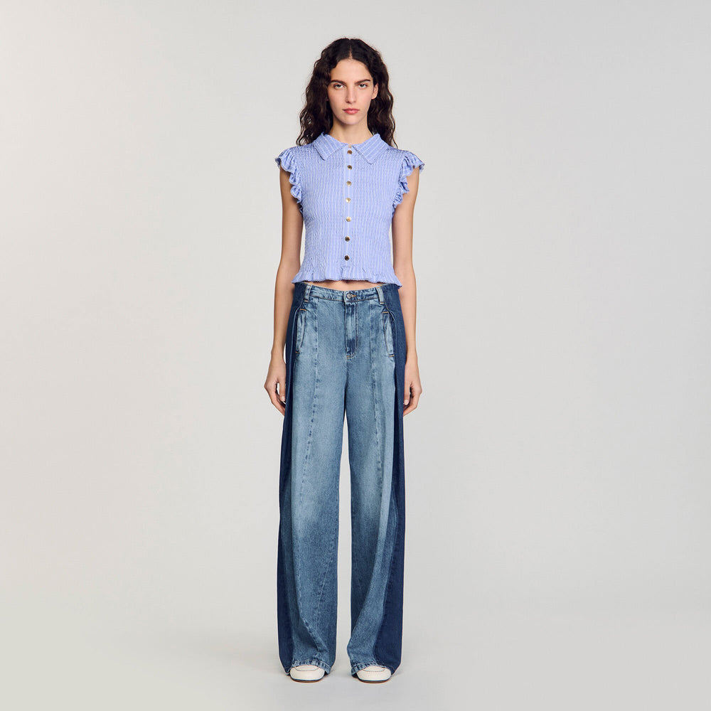 Striped smocked T-shirt Sky Blue Sandro Women